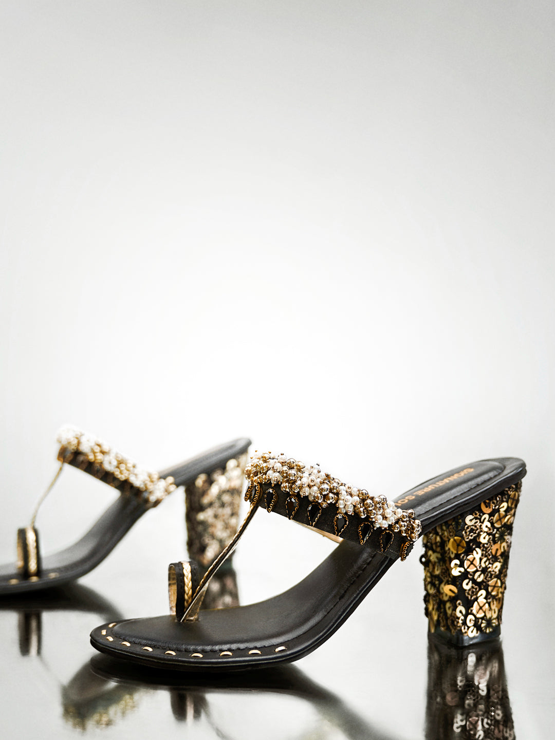 Black Gold Kundan Block Heel Sandal