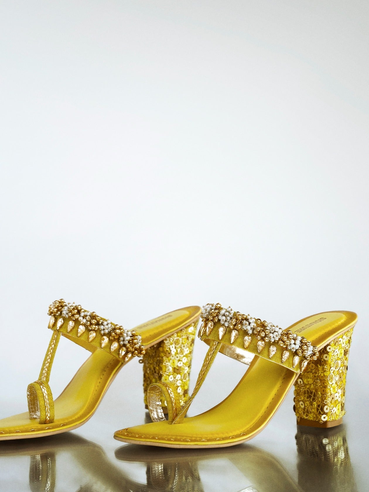 Gold Yellow Kundan Block Heel Sandal