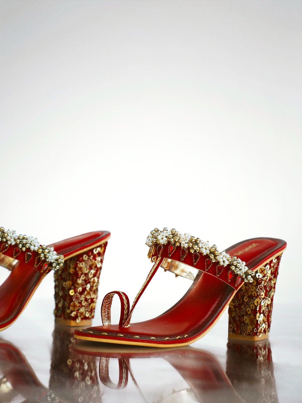 Red Gold Kundan Block Heel Sandal