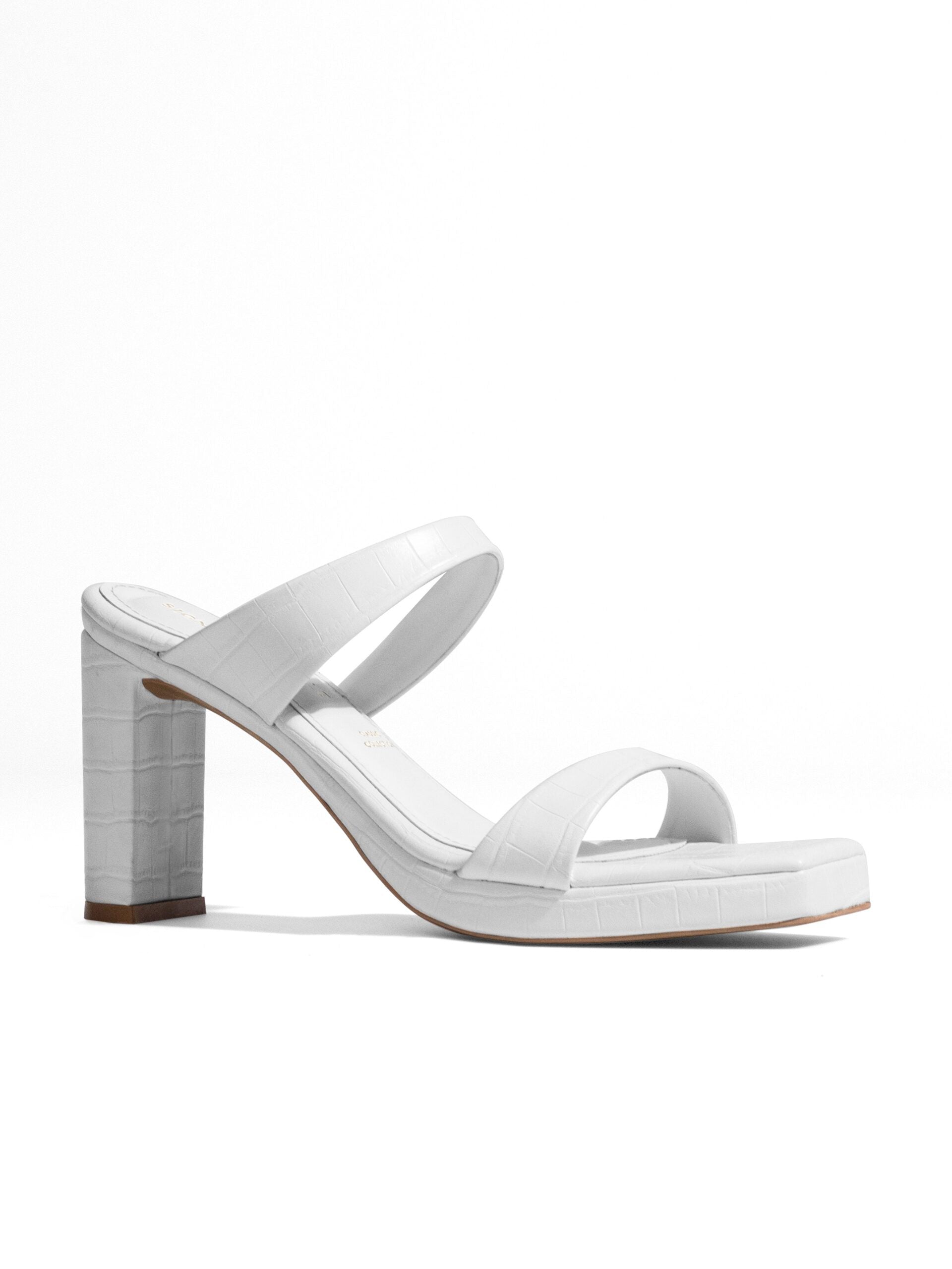 White Croc Double Strap Block Heel