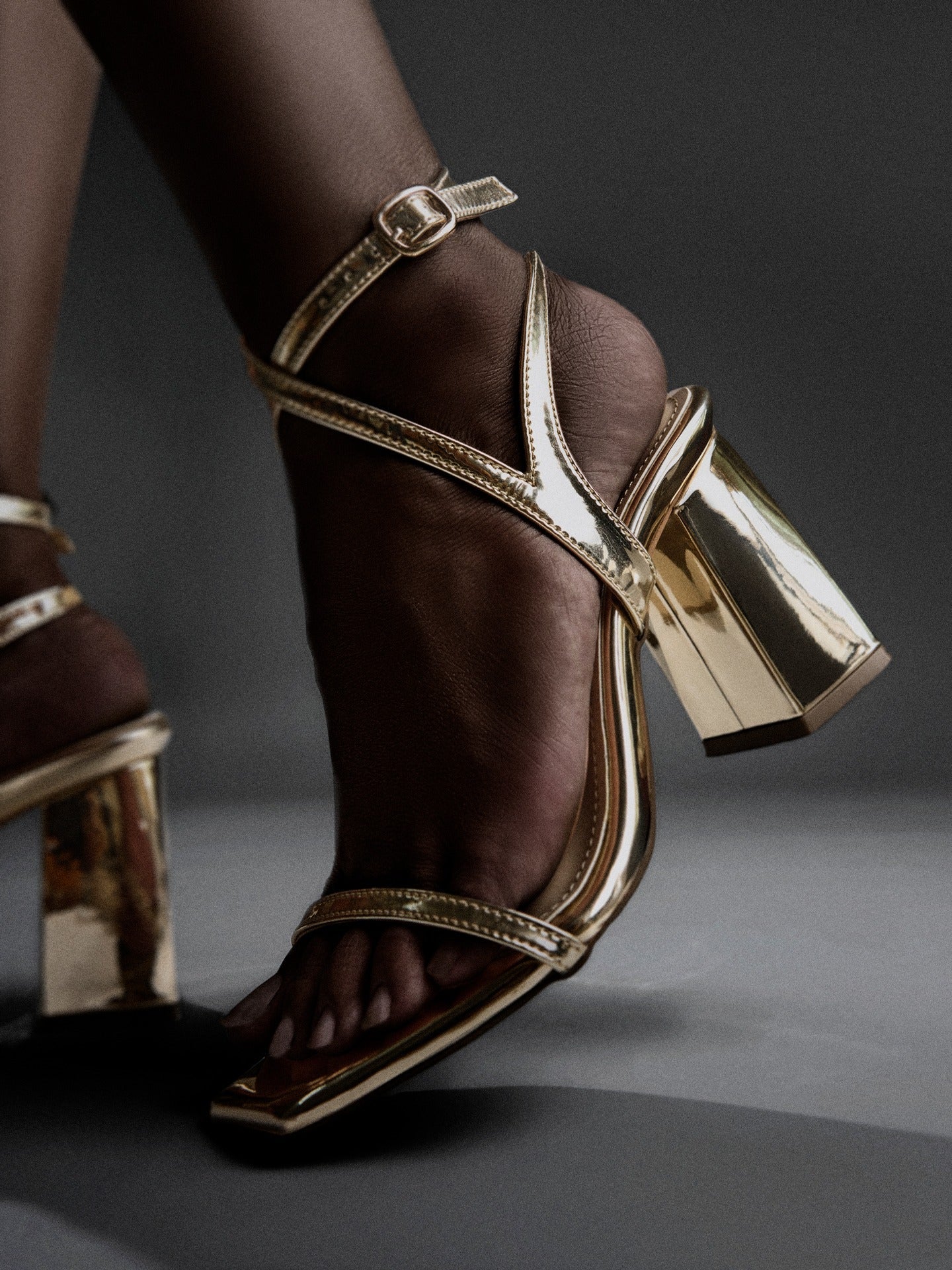 Gold Strappy Ankle Block Heel Sandal