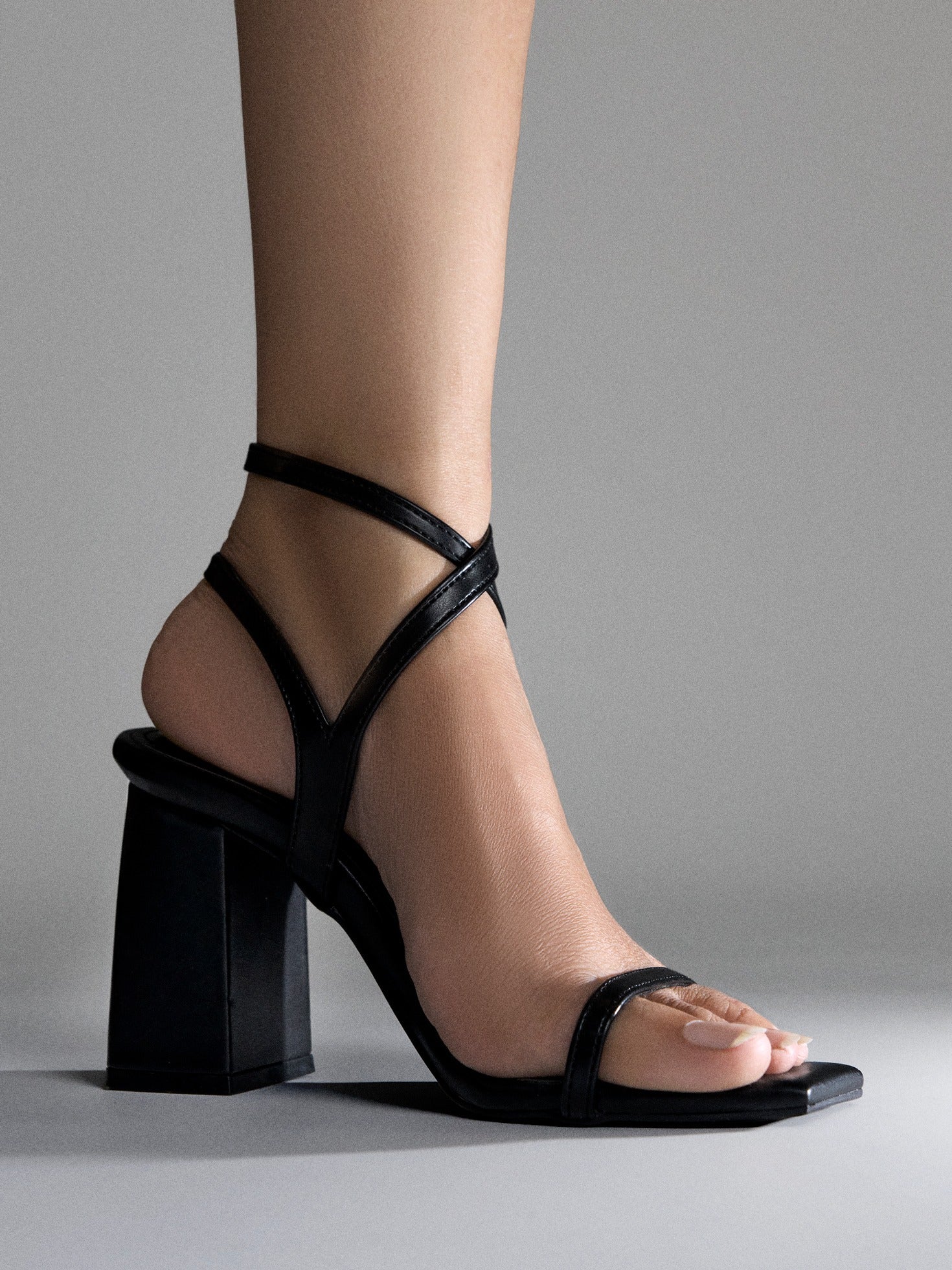 Black Strappy Ankle Block Heel Sandal