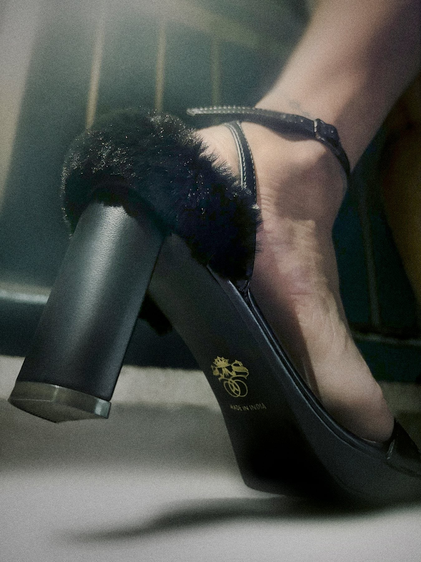 Black Faux Fur wedge Block Heel