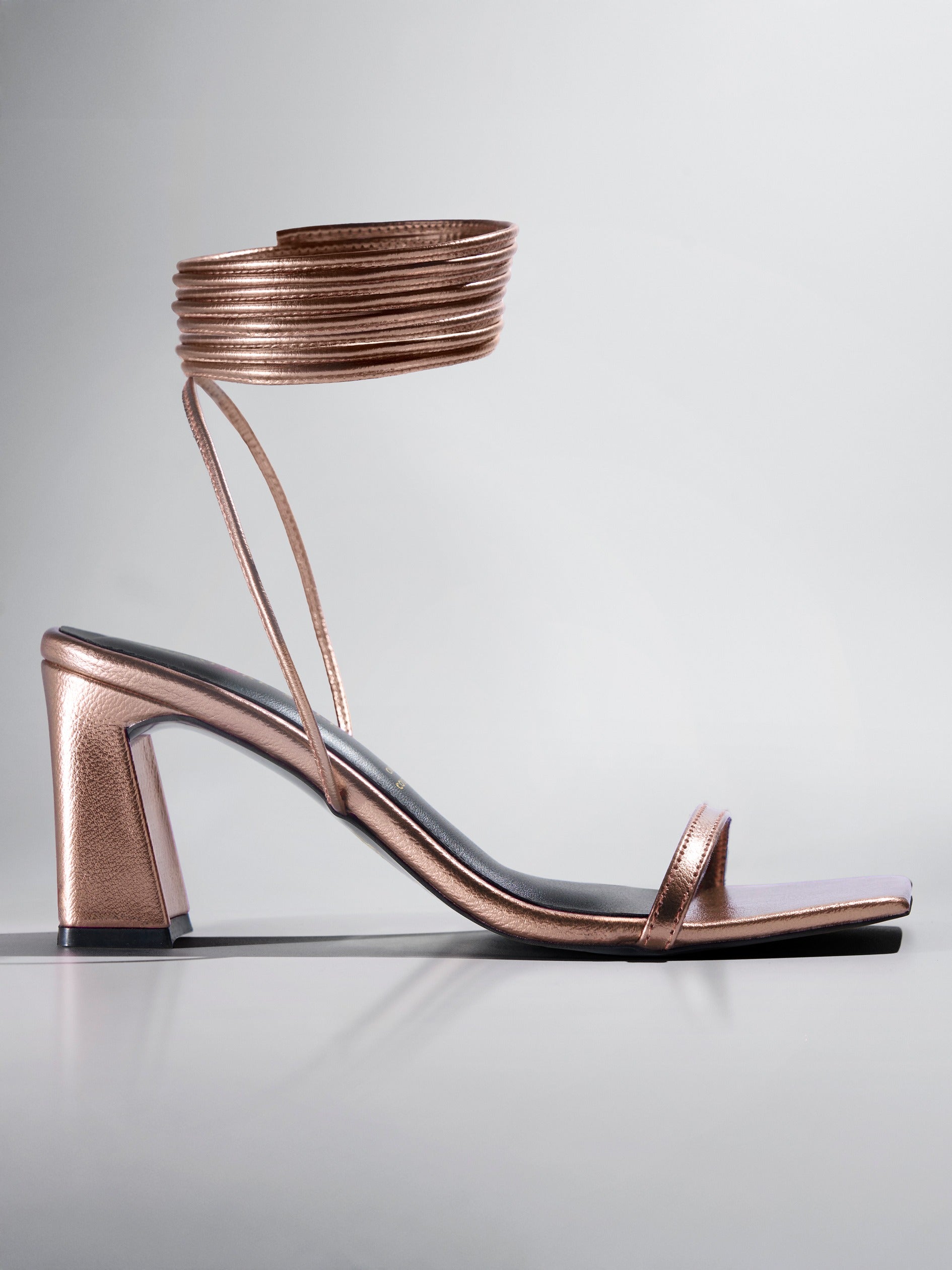 Rose Gold Metallic Ankle Wrap Block Heel