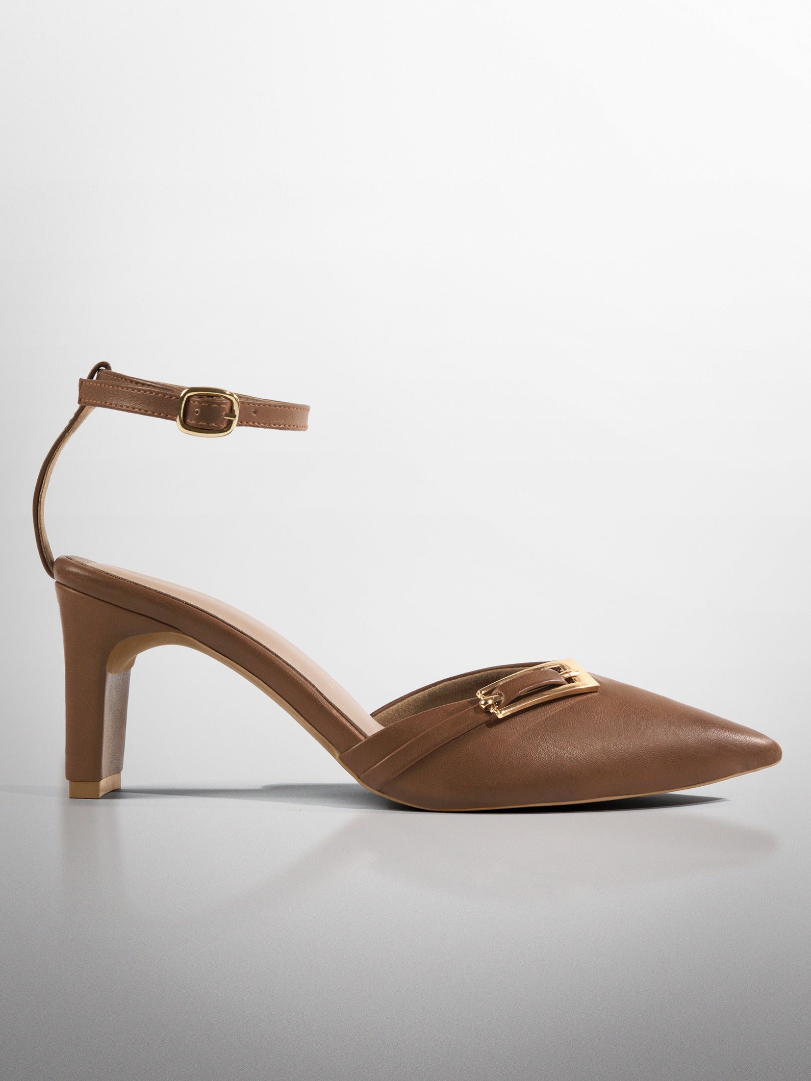 Tan Gold Clasp Kitten Heel Slingback