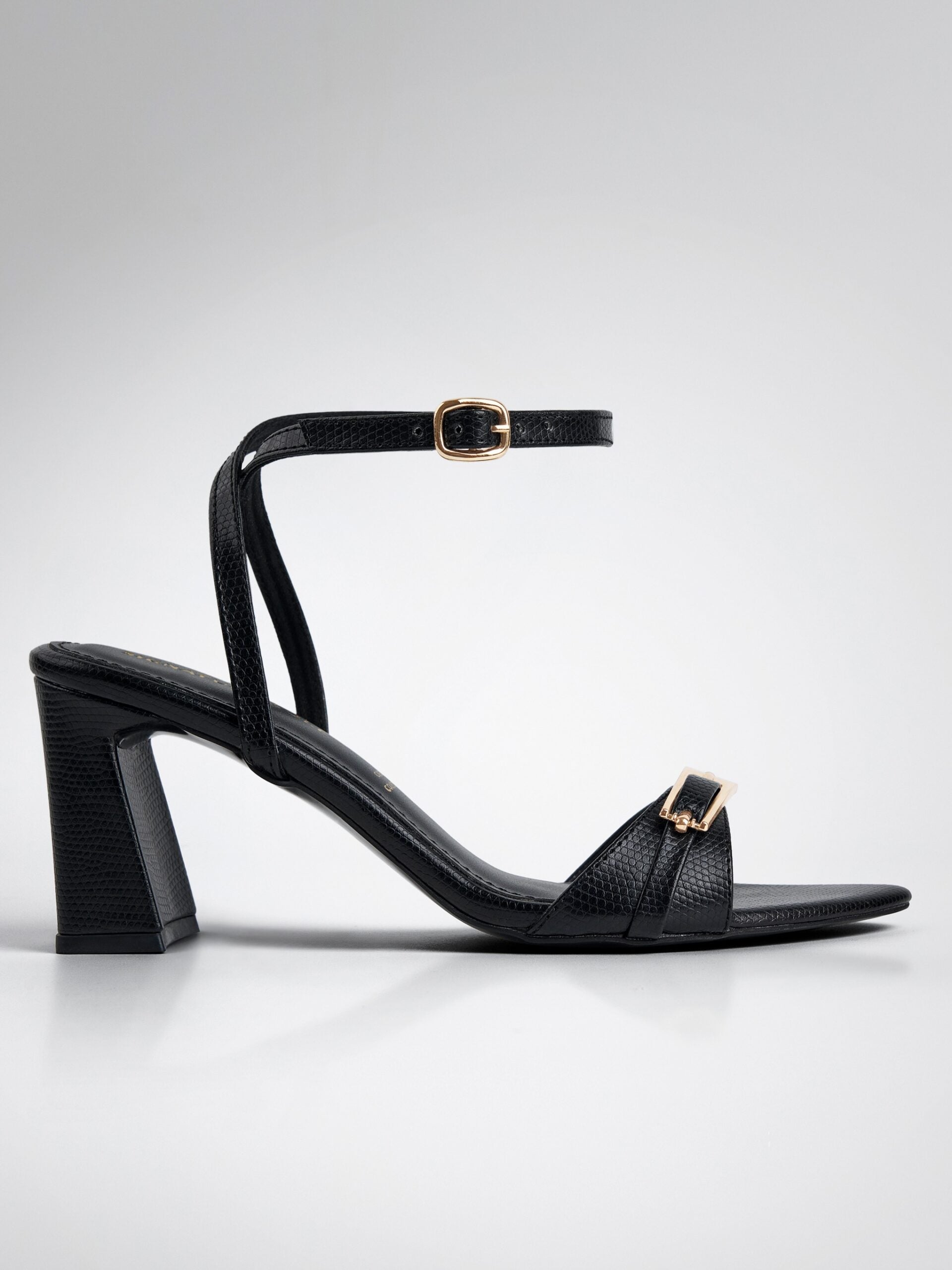 Black Gold Clasp Open Toe Heel Sandal