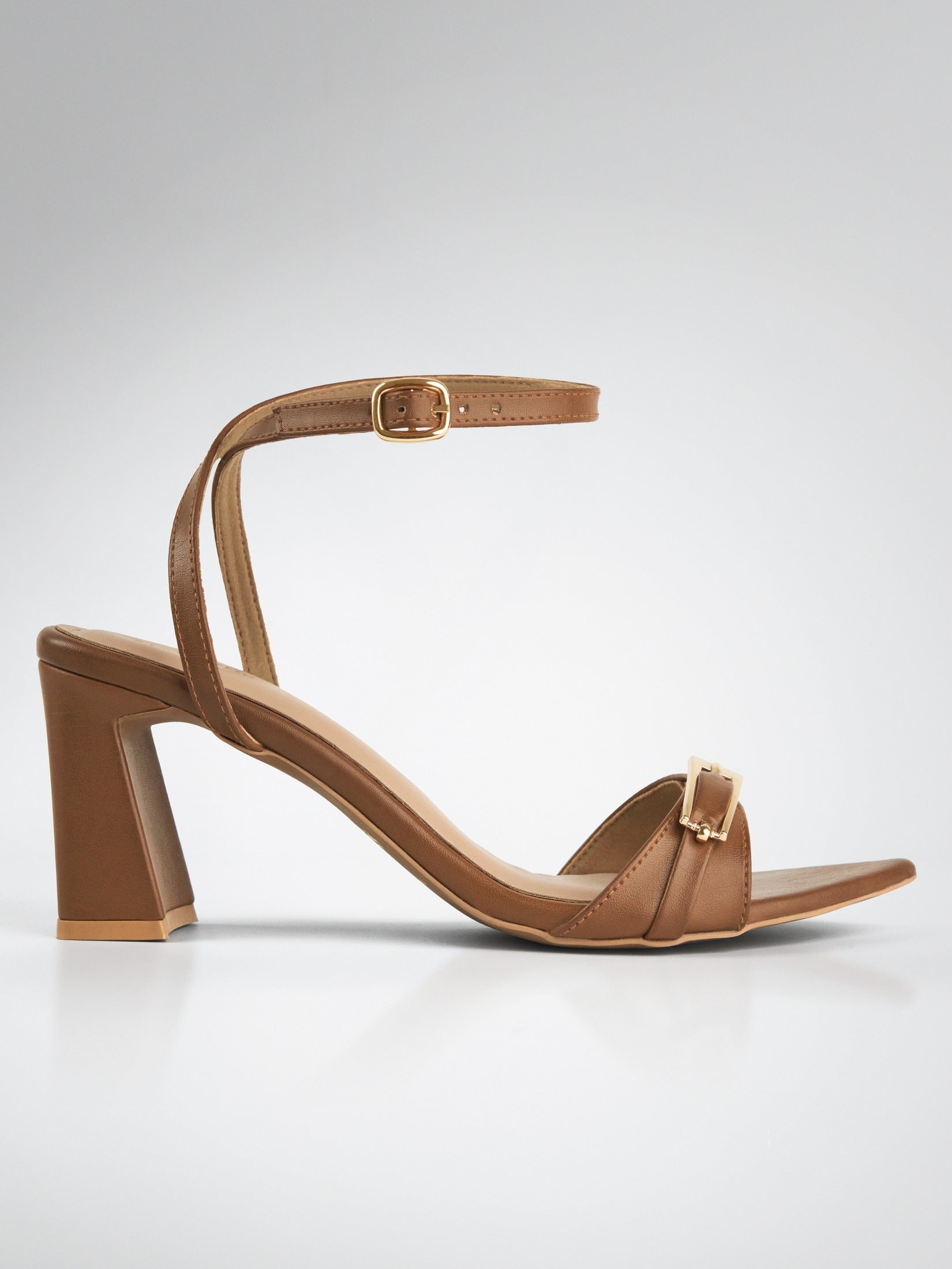 Tan Gold Buckle Pointed Toe Heel Sandal