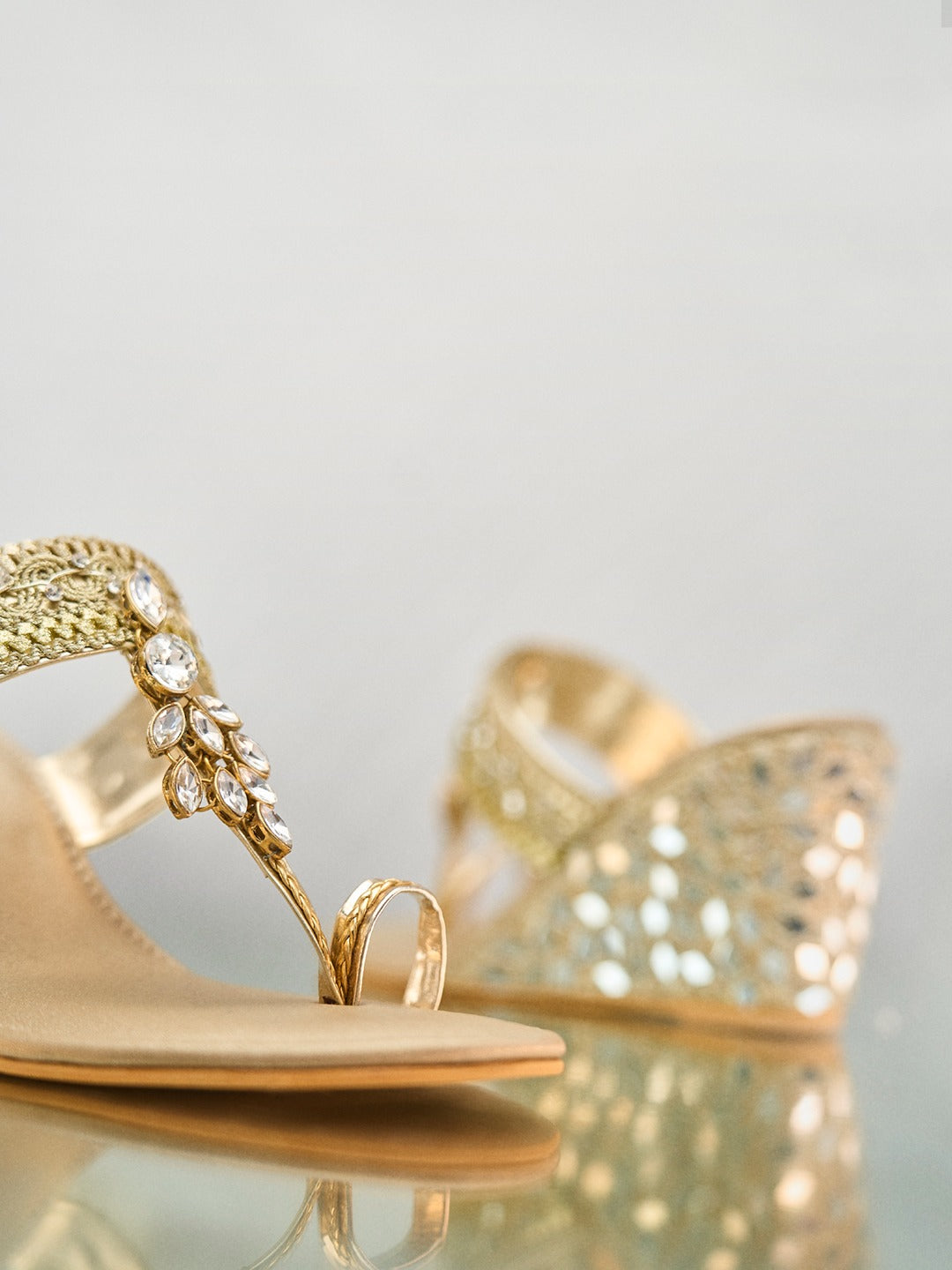 Gold glass Leaf Wedge Sandal