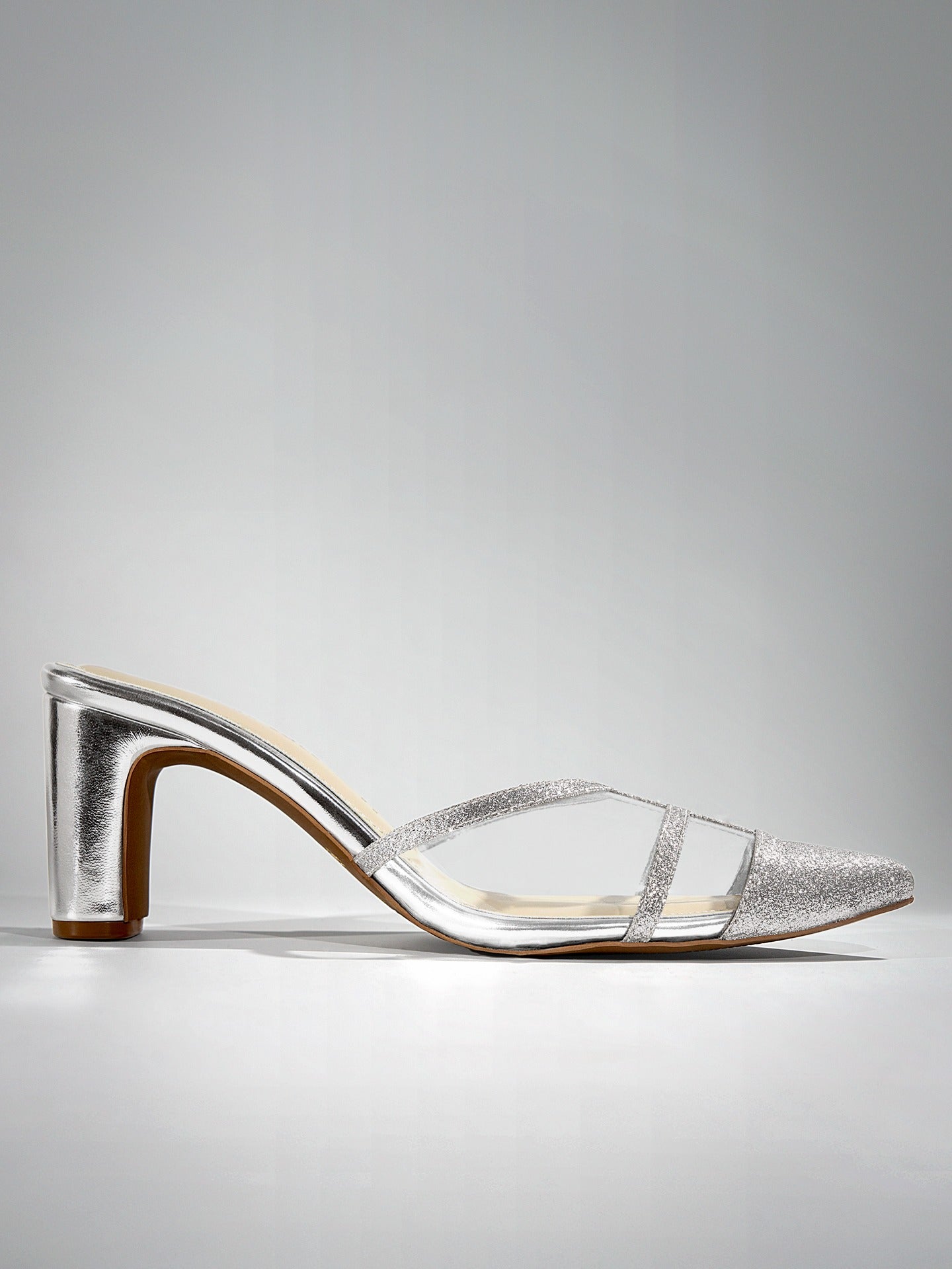 Silver Glitter Cage Slingback Kitten Heel