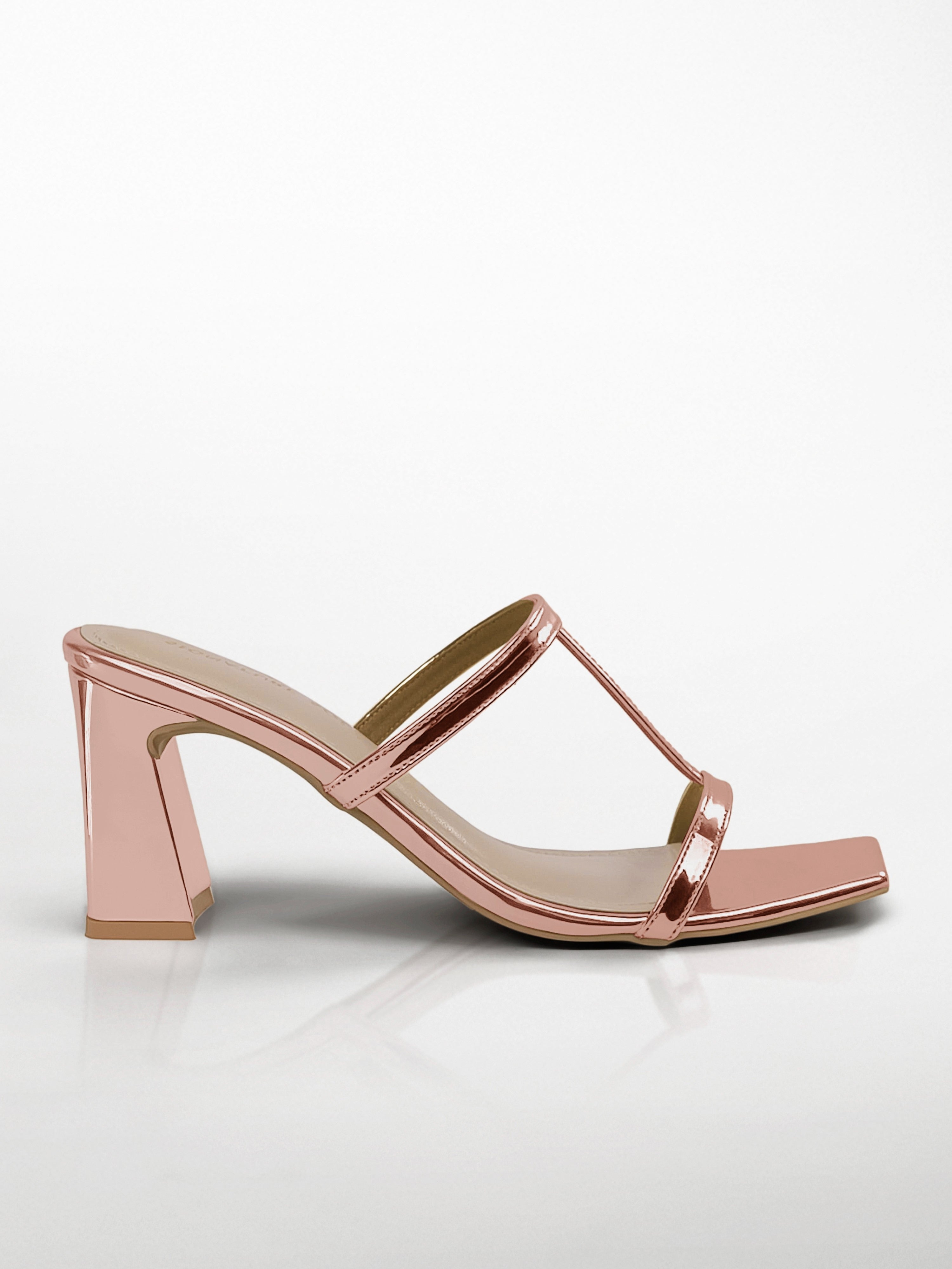 Rose Gold T-strap Block Heel Mule