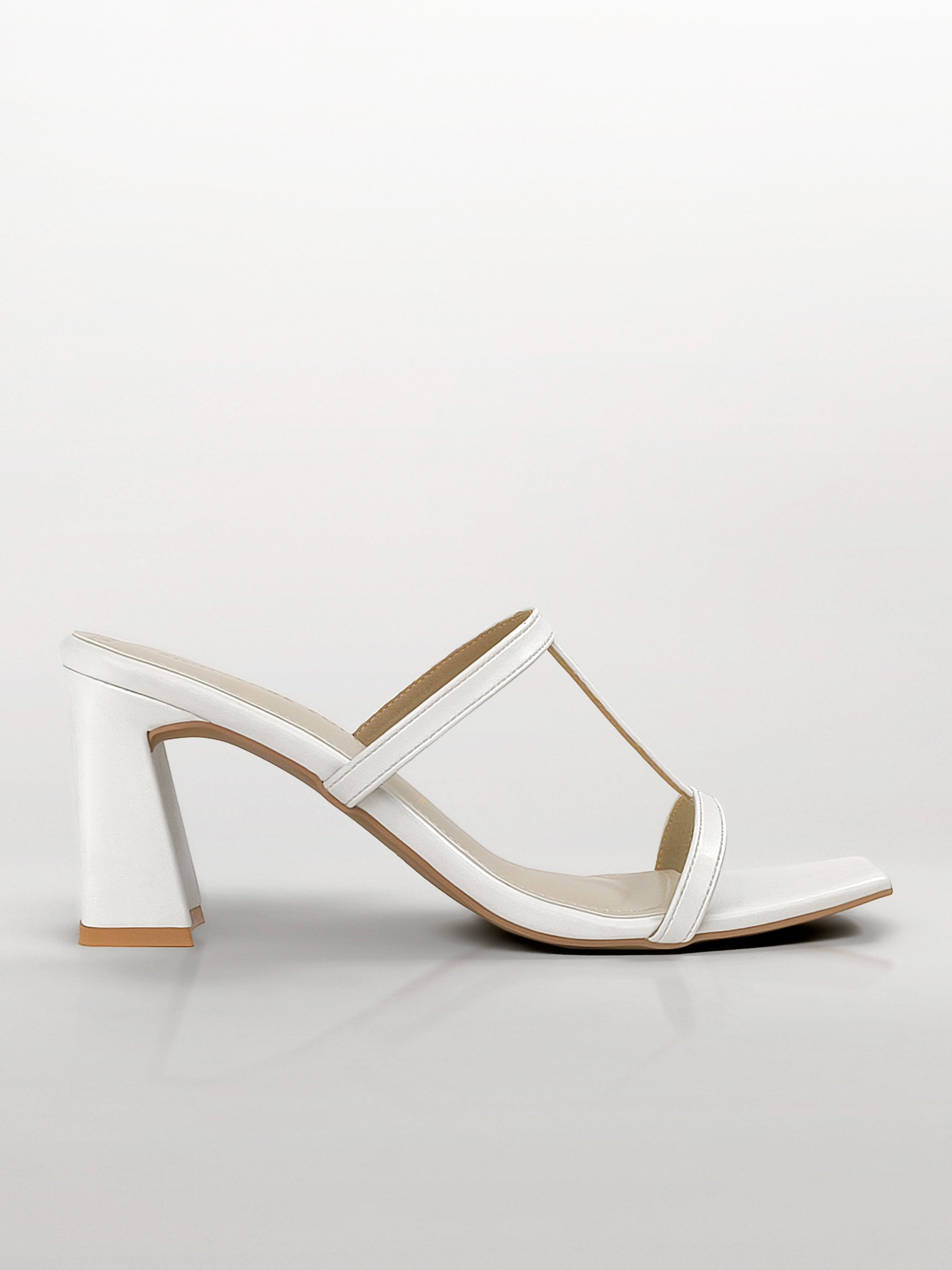 White T-strap Block Heel Mule