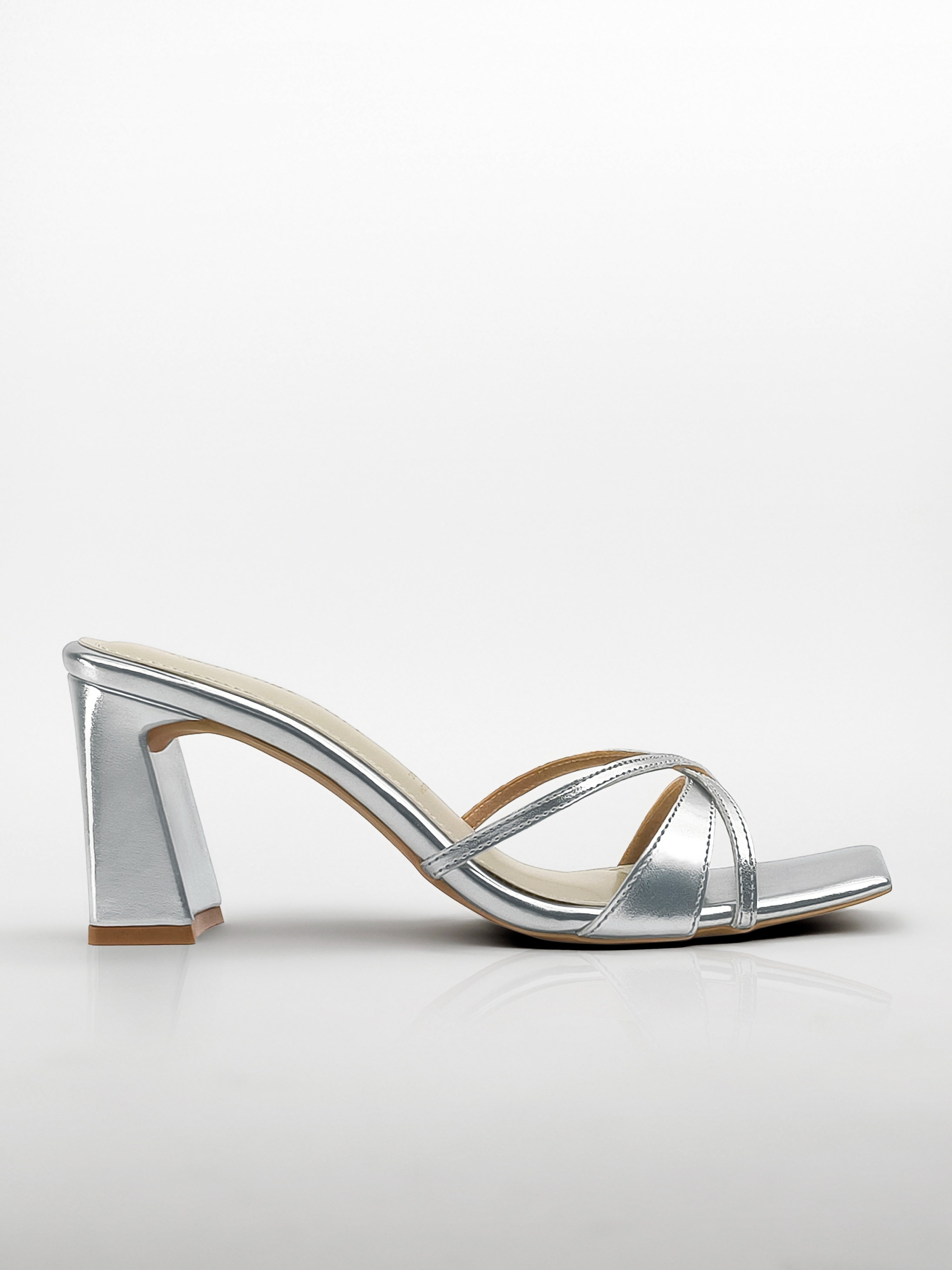 Silver Cross-Strap Block Heel Mule