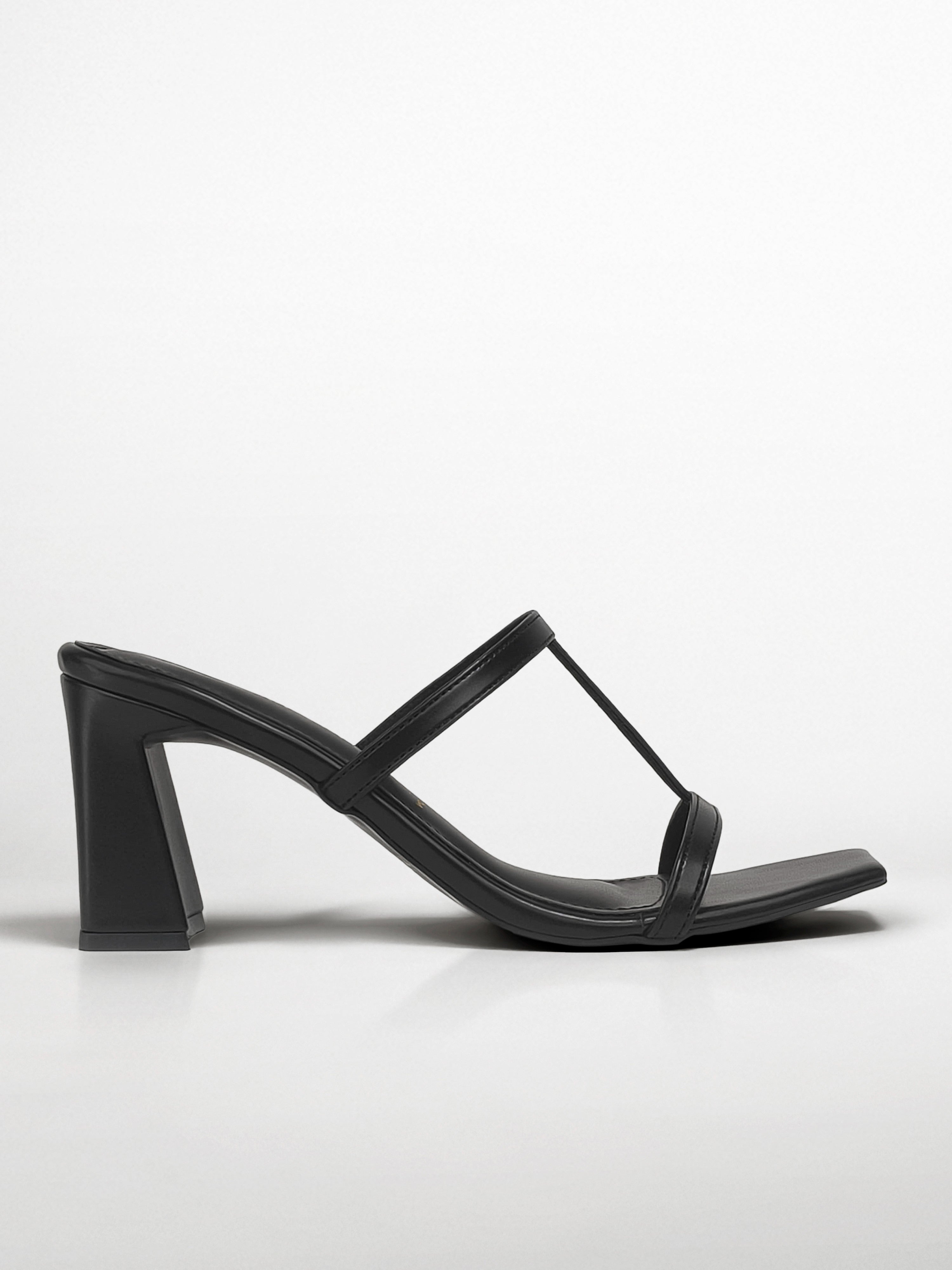 Black T-strap Block Heel Mule