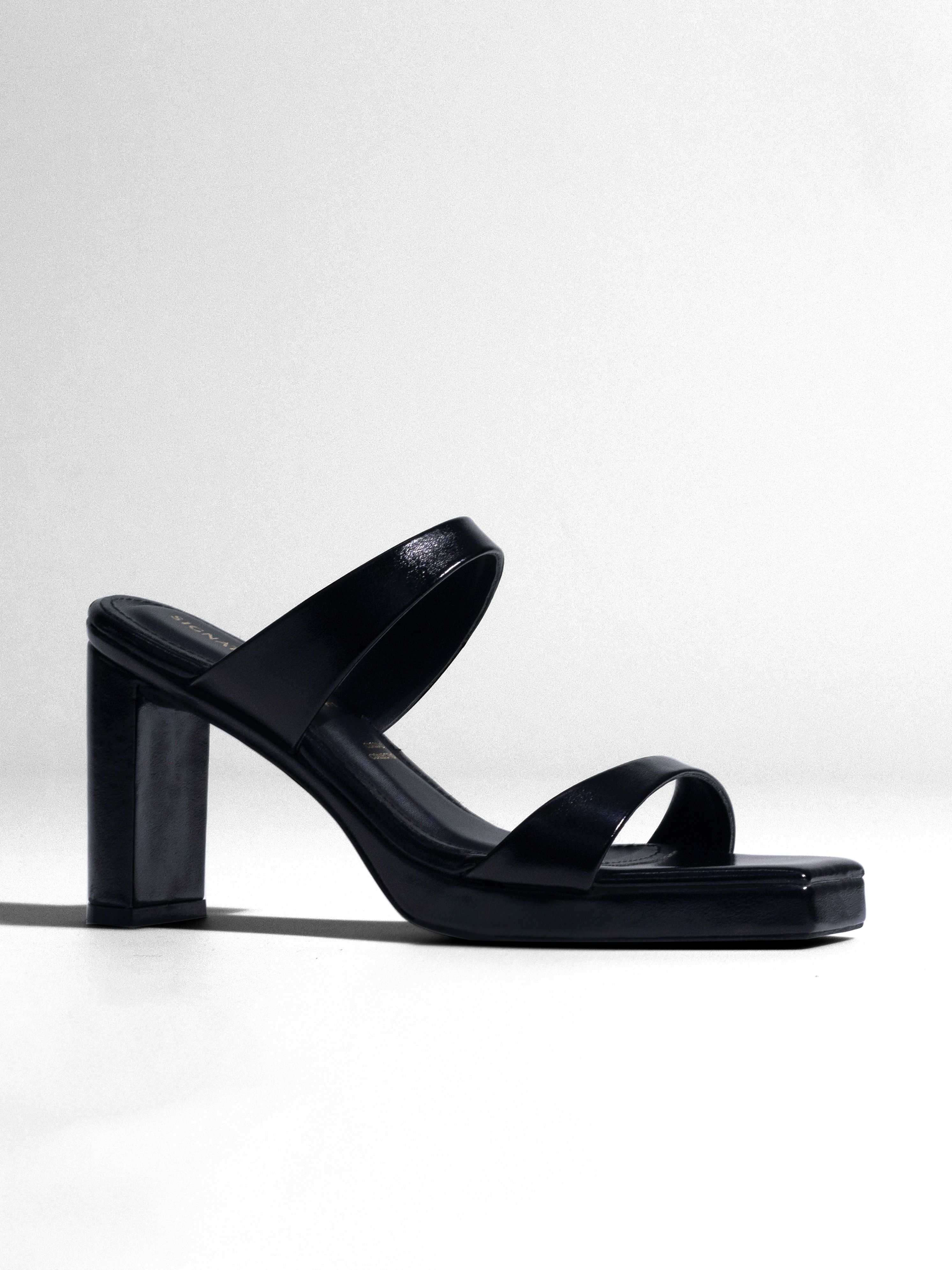 Black Double Strap Block Heel Mule