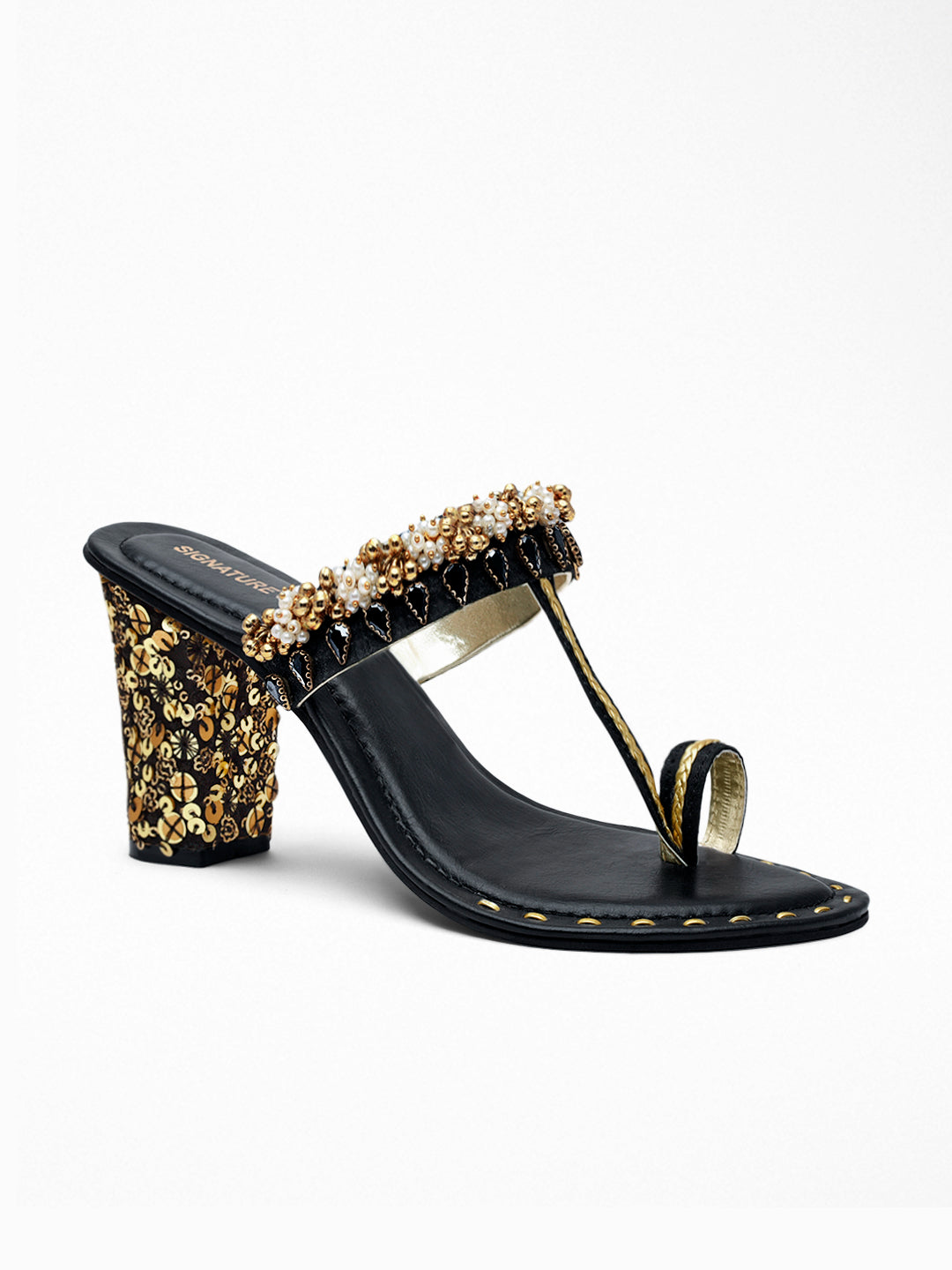 Black Gold Kundan Block Heel Sandal