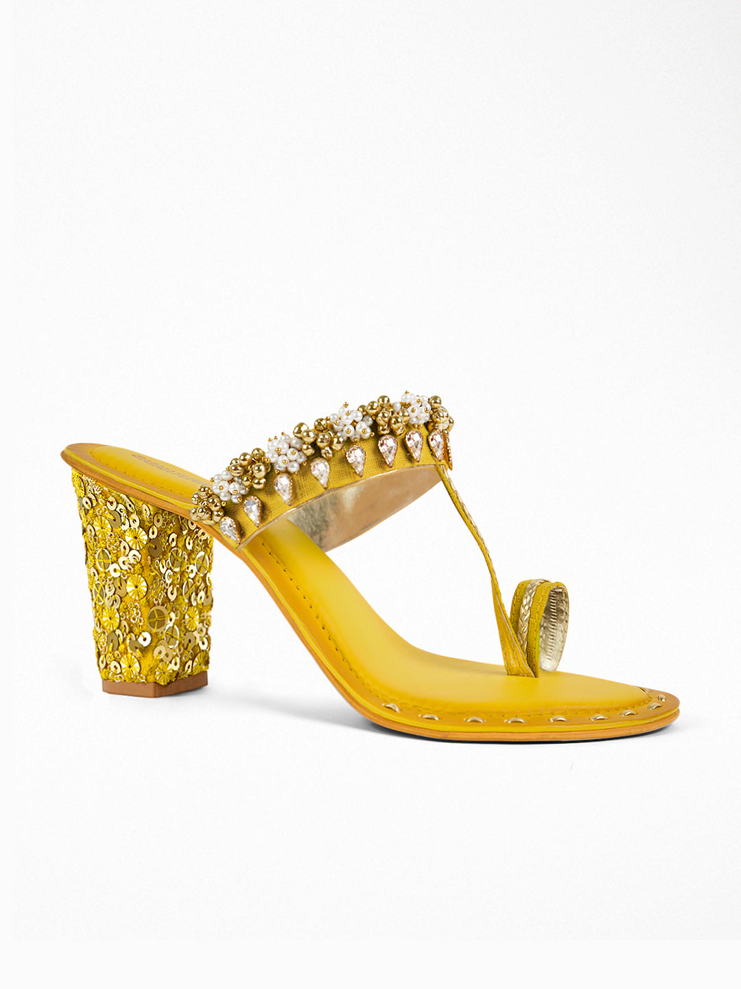 Gold Yellow Kundan Block Heel Sandal