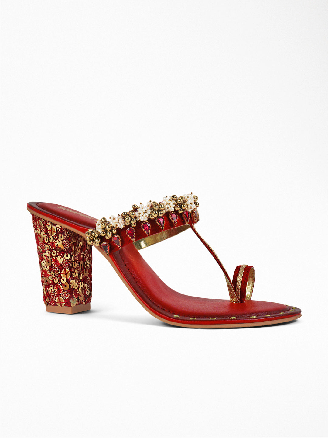 Red Gold Kundan Block Heel Sandal