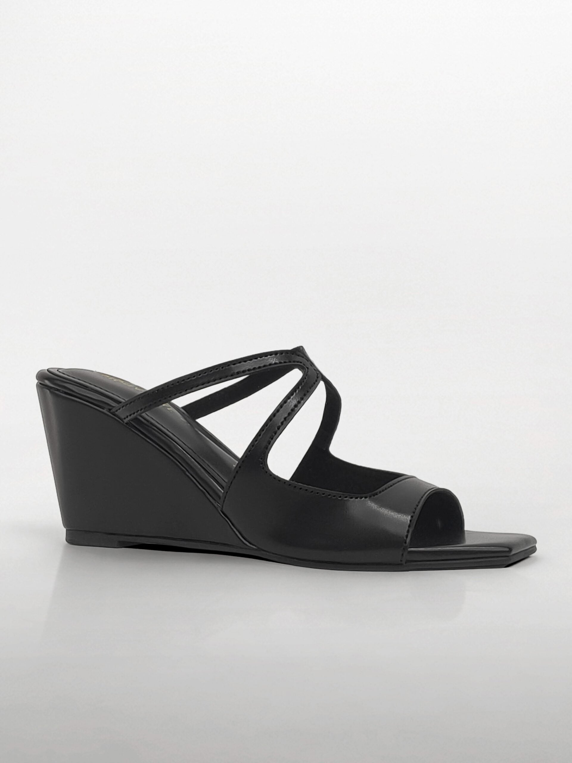 Black Cross-Strap Wedge Heel Mule