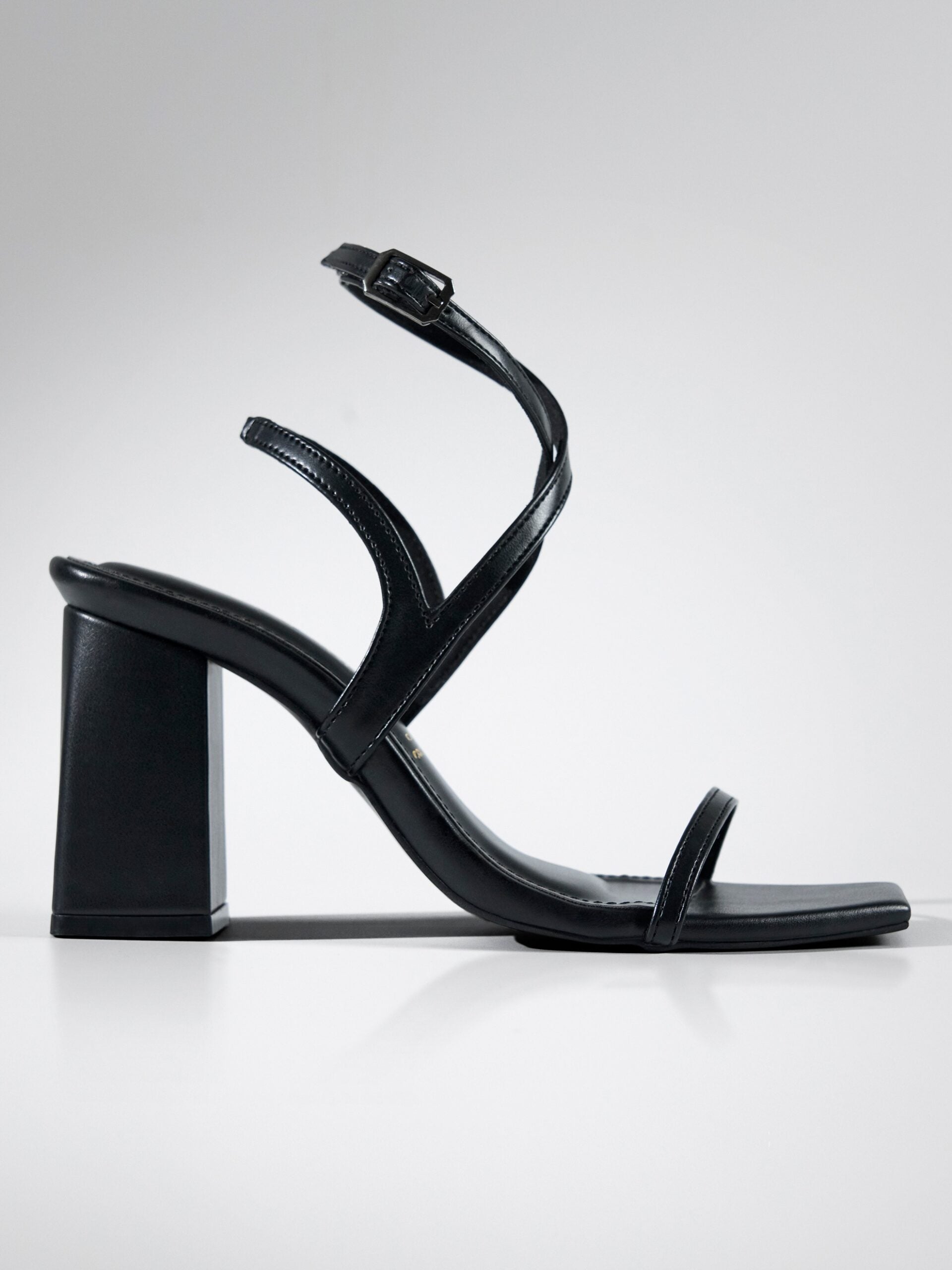 Black Strappy Ankle Block Heel Sandal