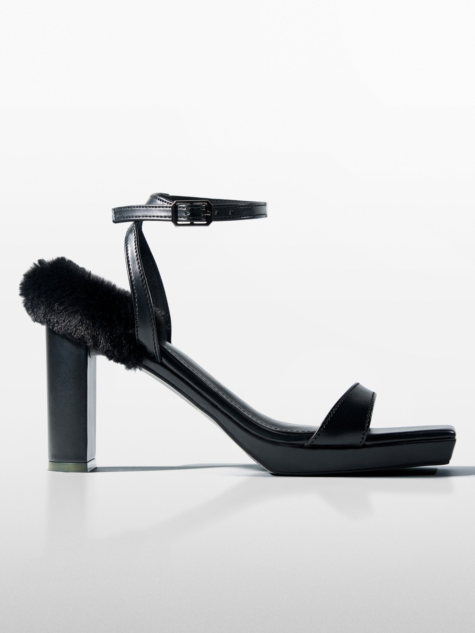 Black Faux Fur wedge Block Heel
