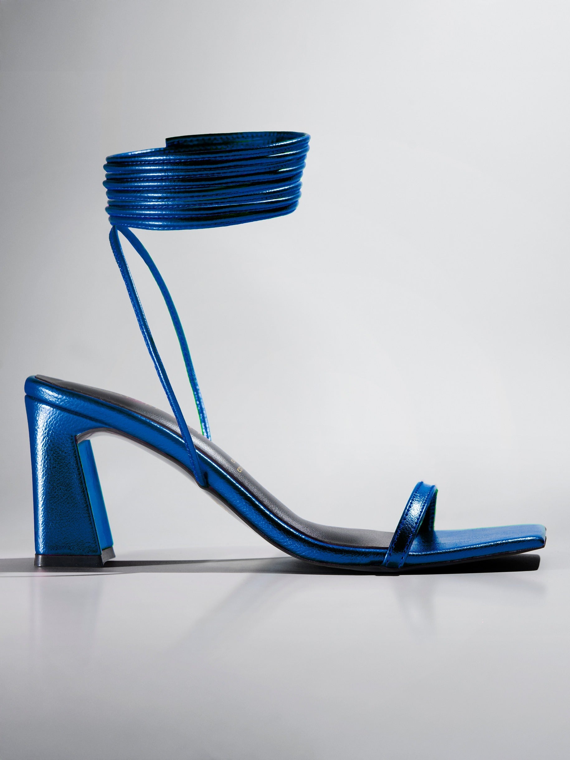 Blue Metallic Ankle Wrap Block Heel