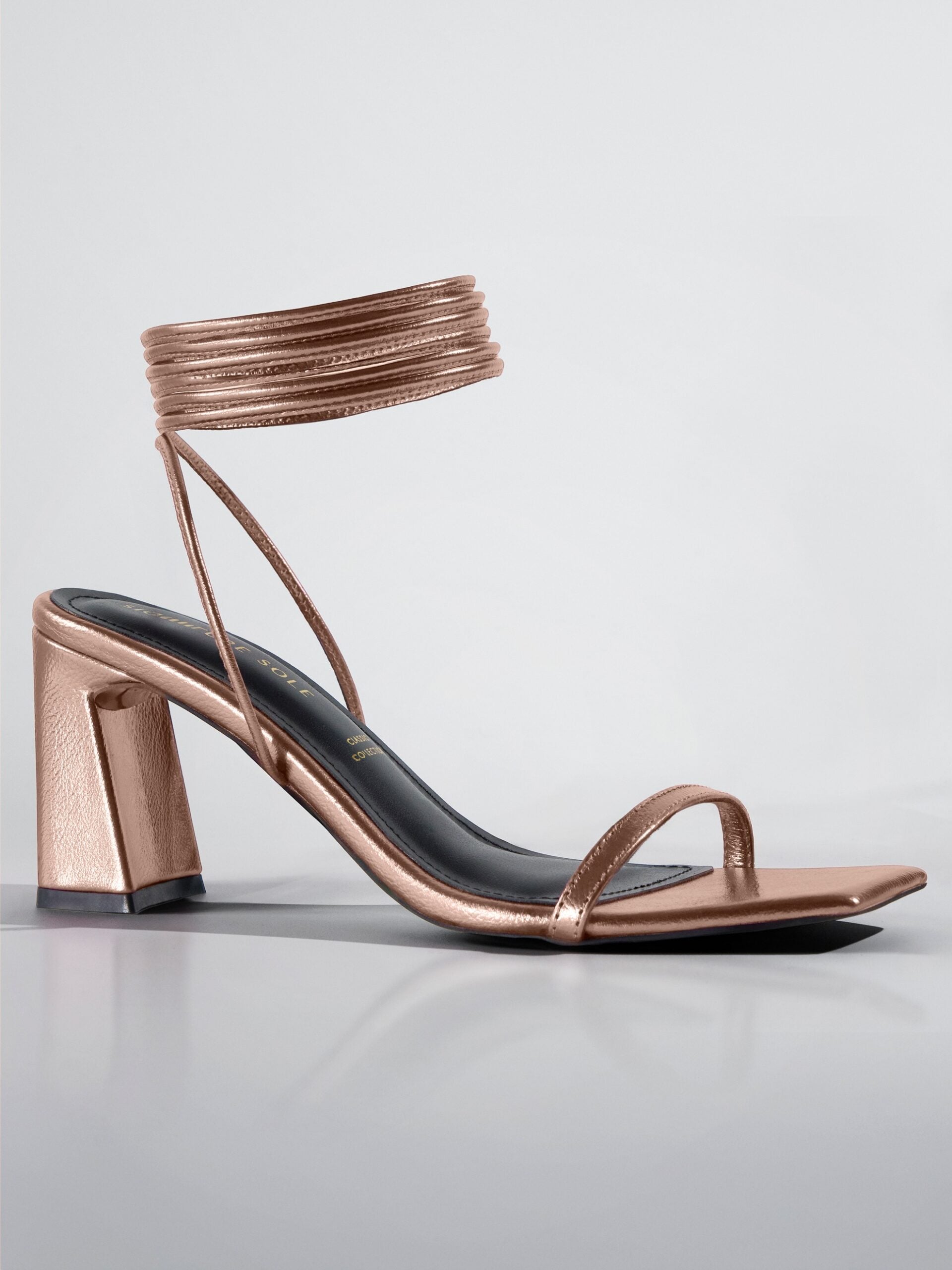Rose Gold Metallic Ankle Wrap Block Heel
