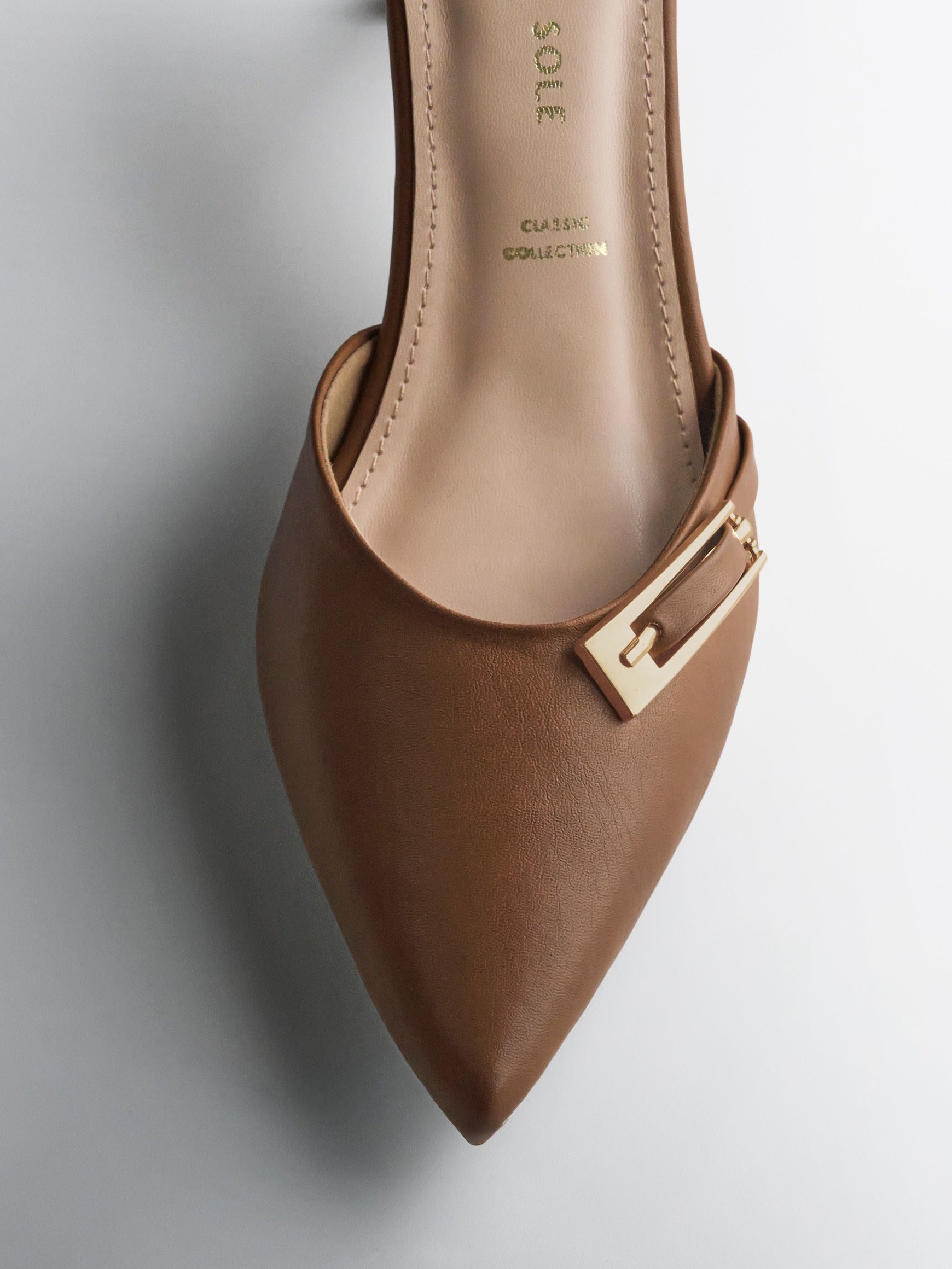 Tan Gold Clasp Kitten Heel Slingback