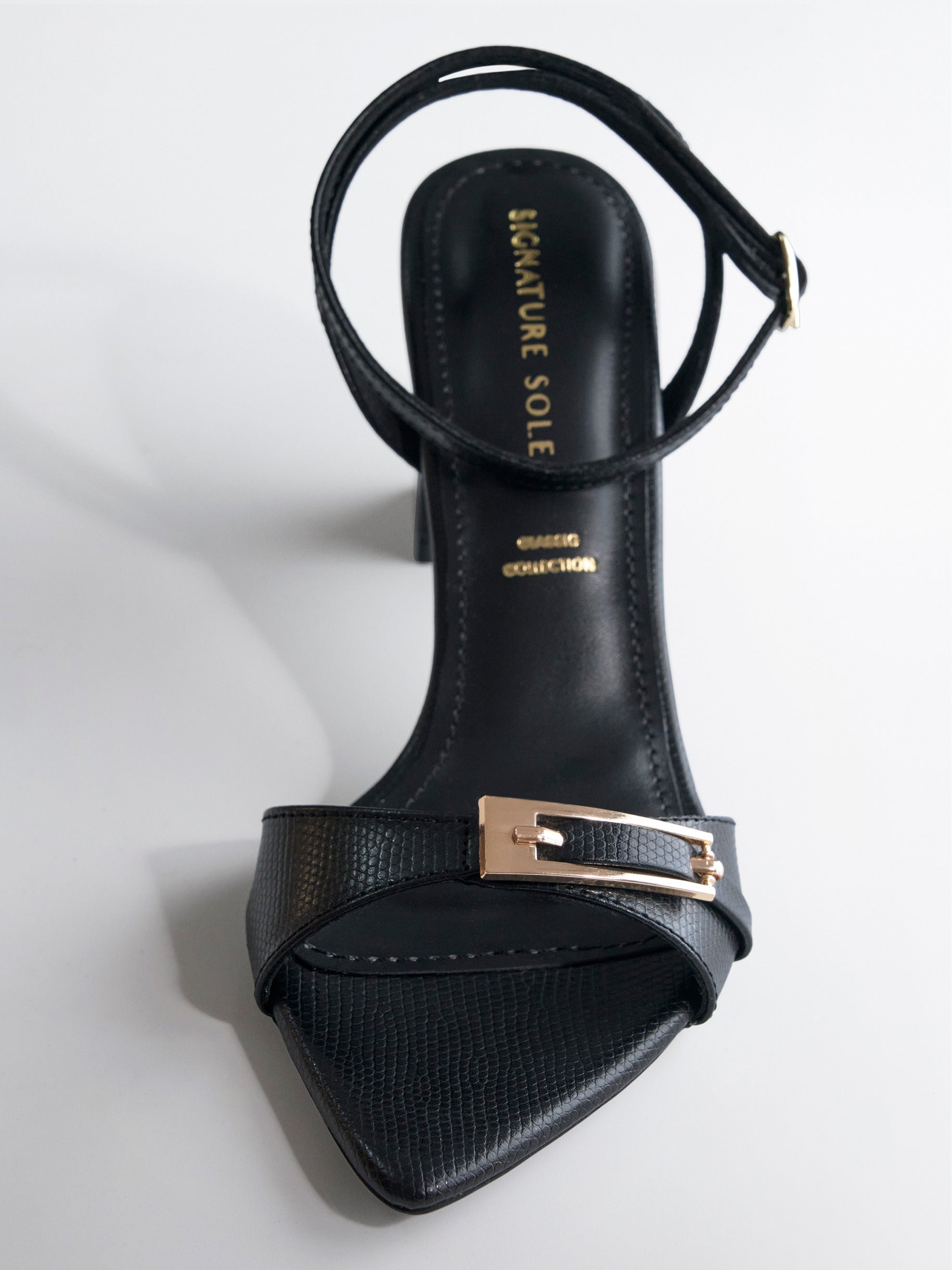 Black Gold Clasp Open Toe Heel Sandal