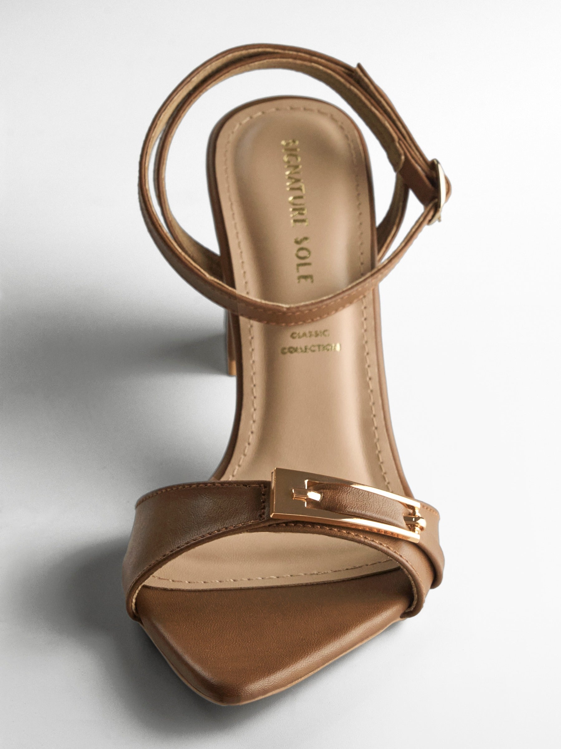 Tan Gold Buckle Pointed Toe Heel Sandal
