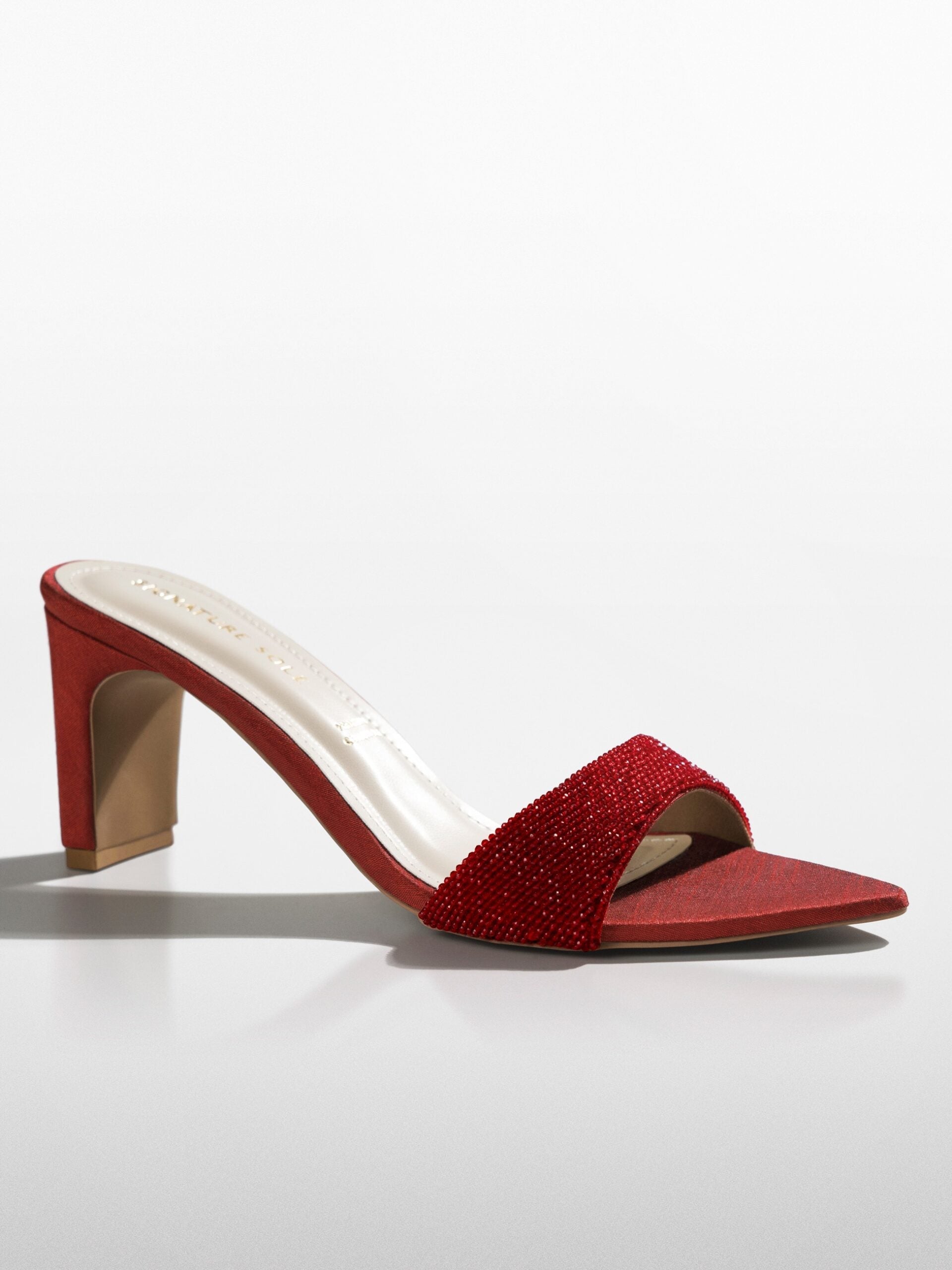 Red Crystal Embellished Block Heel Mule