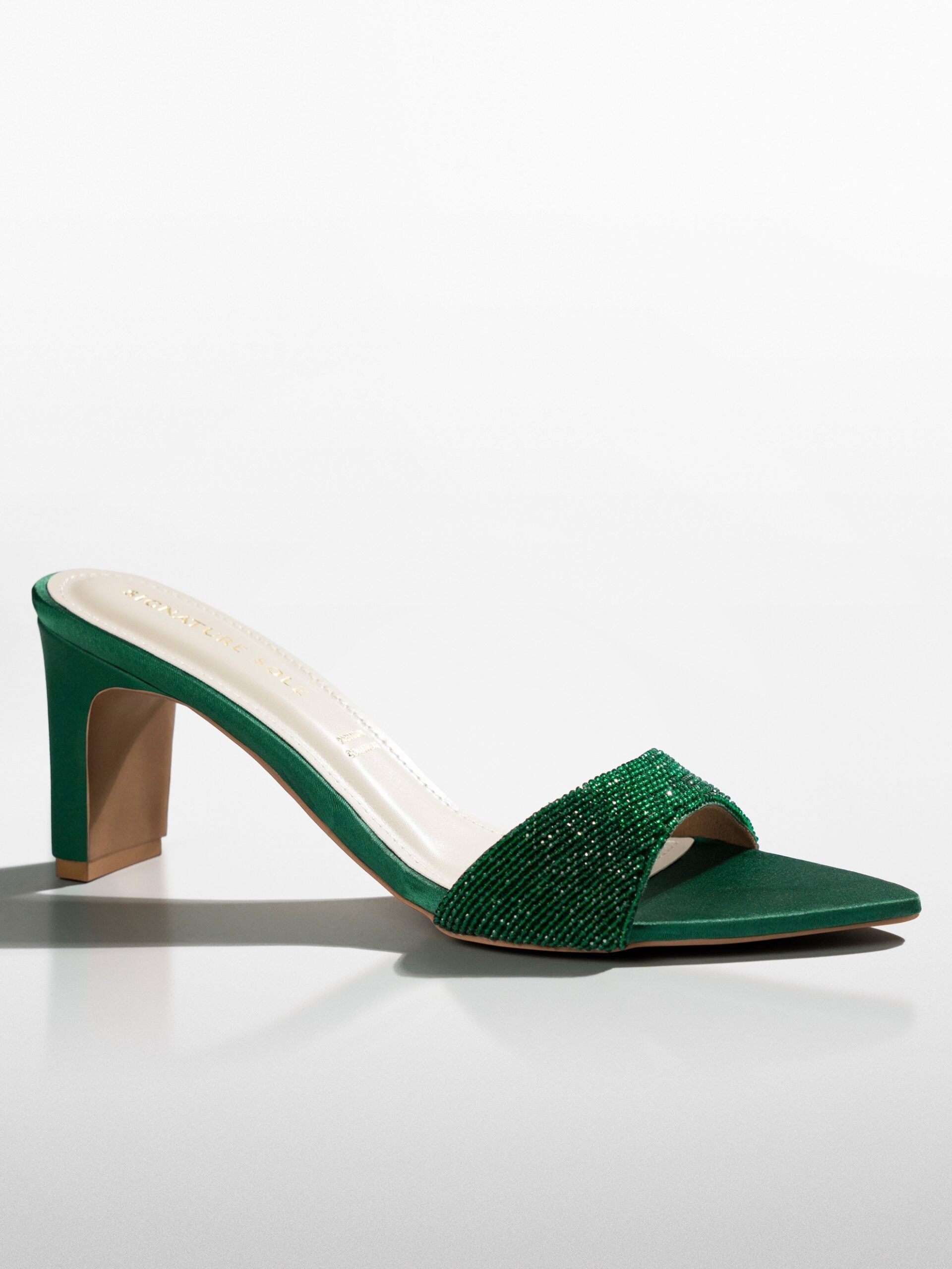 Green Crystal Embellished Kitten Heel Mule