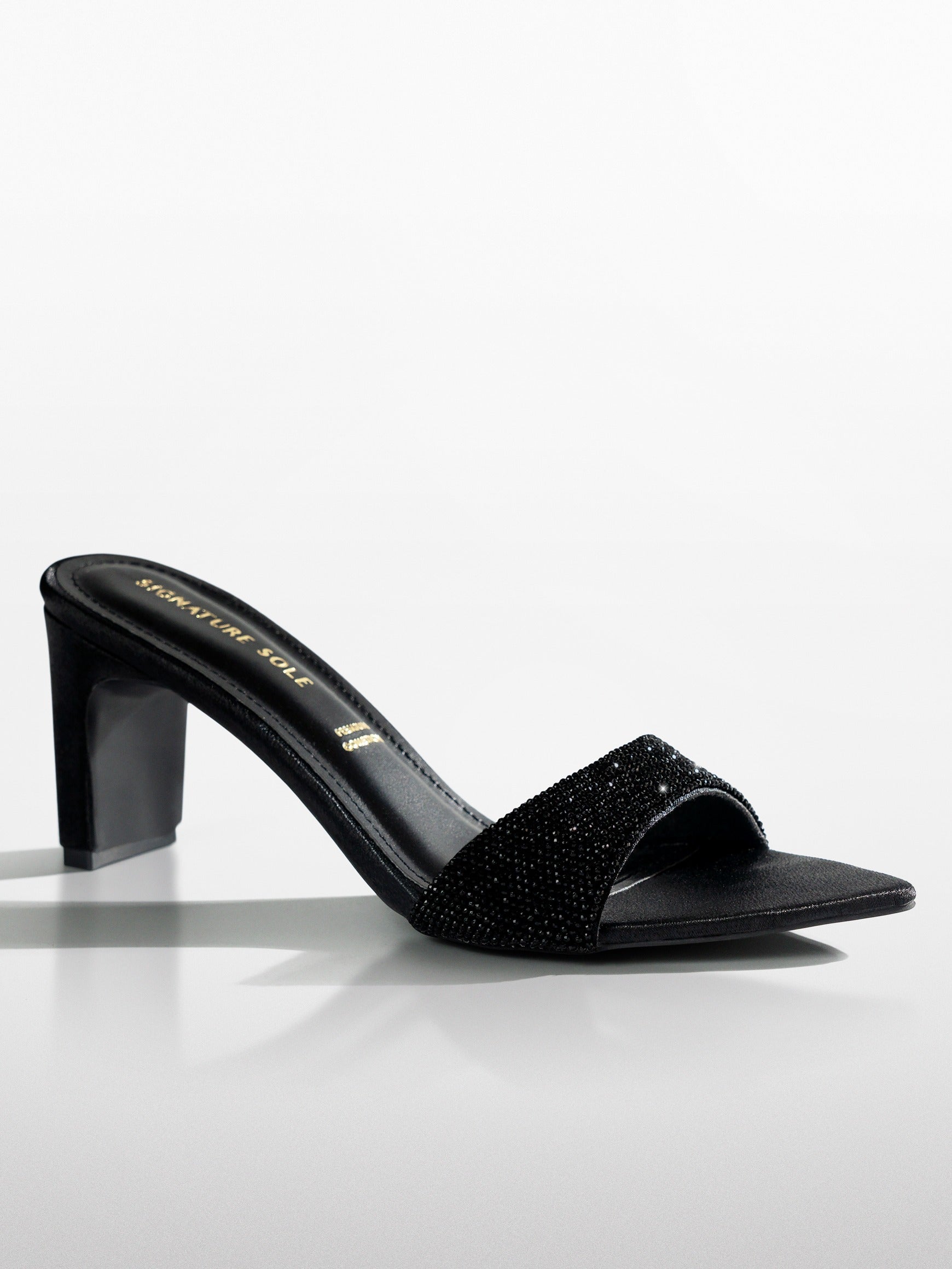 Black Crystal Embellished Kitten Heel Mule
