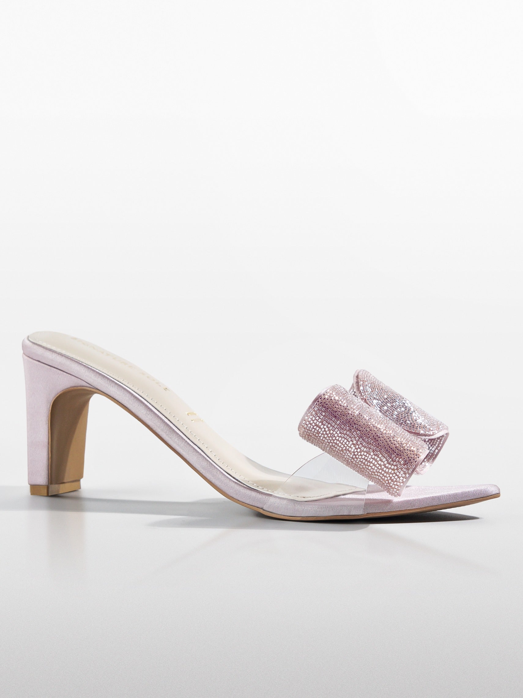 Blush Crystal Bow Block Heel Mule
