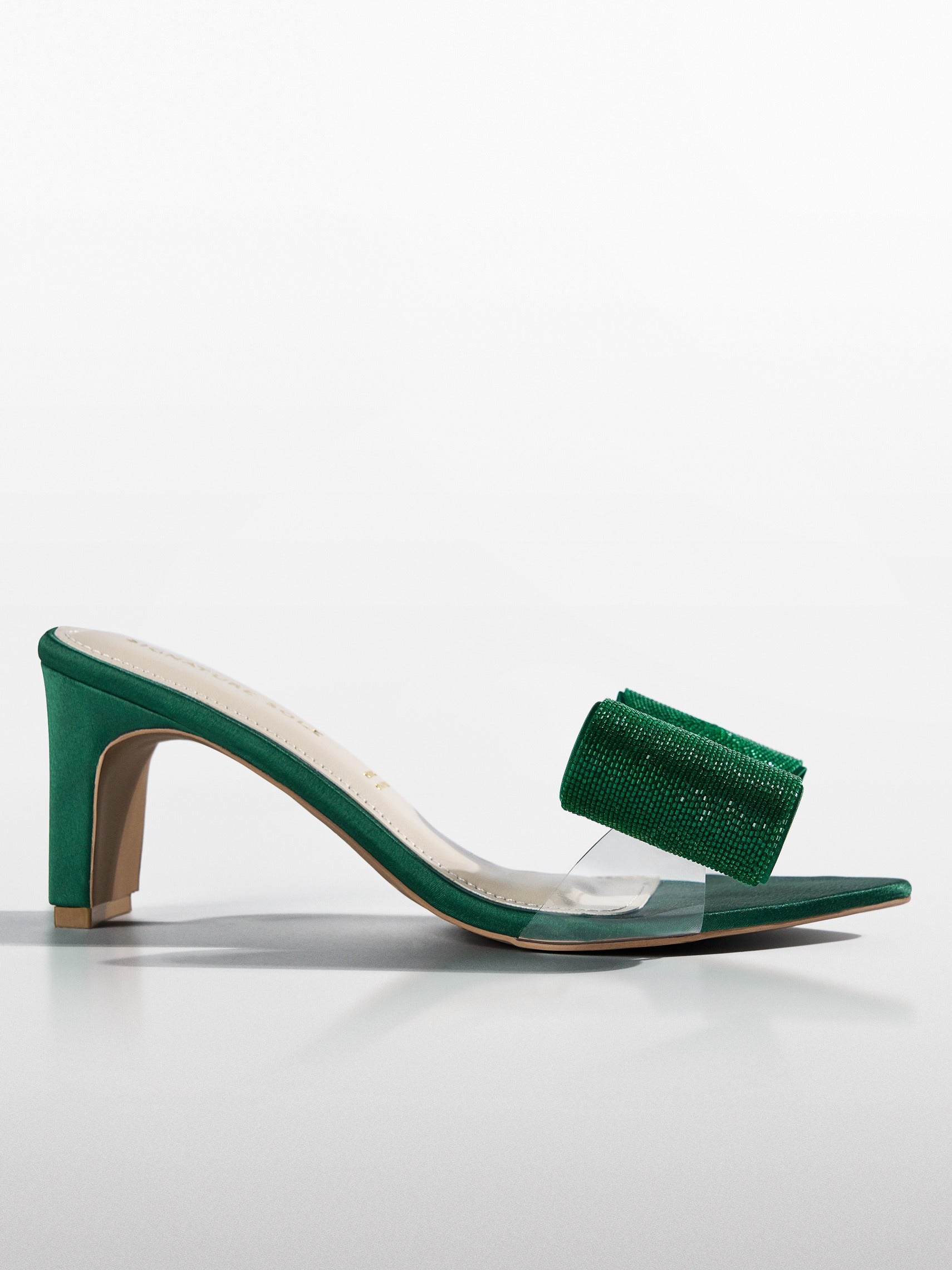 Green Crystal Bow Satin Kitten Heel