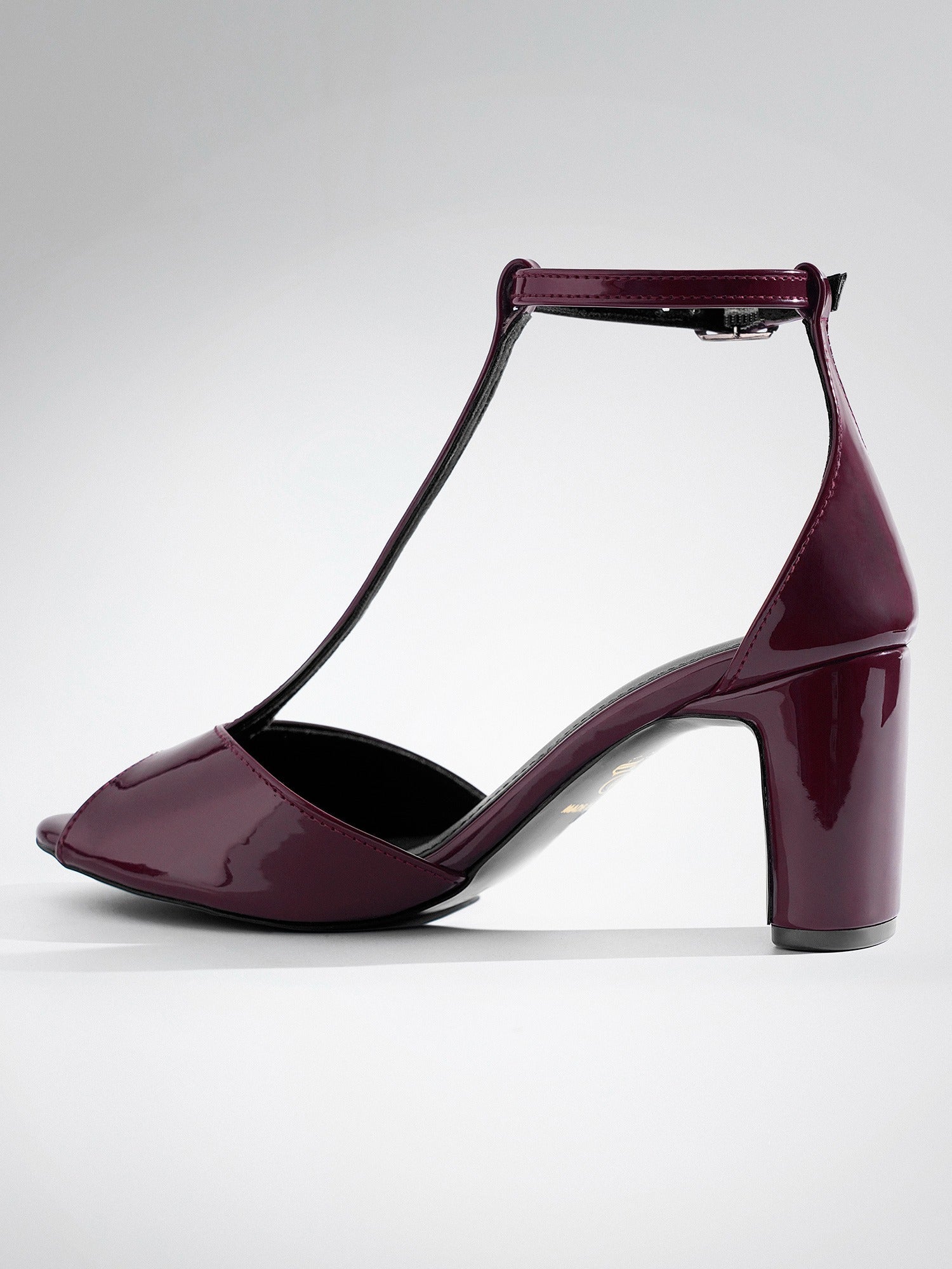 Plum Patent T-strap Block Heel Sandal