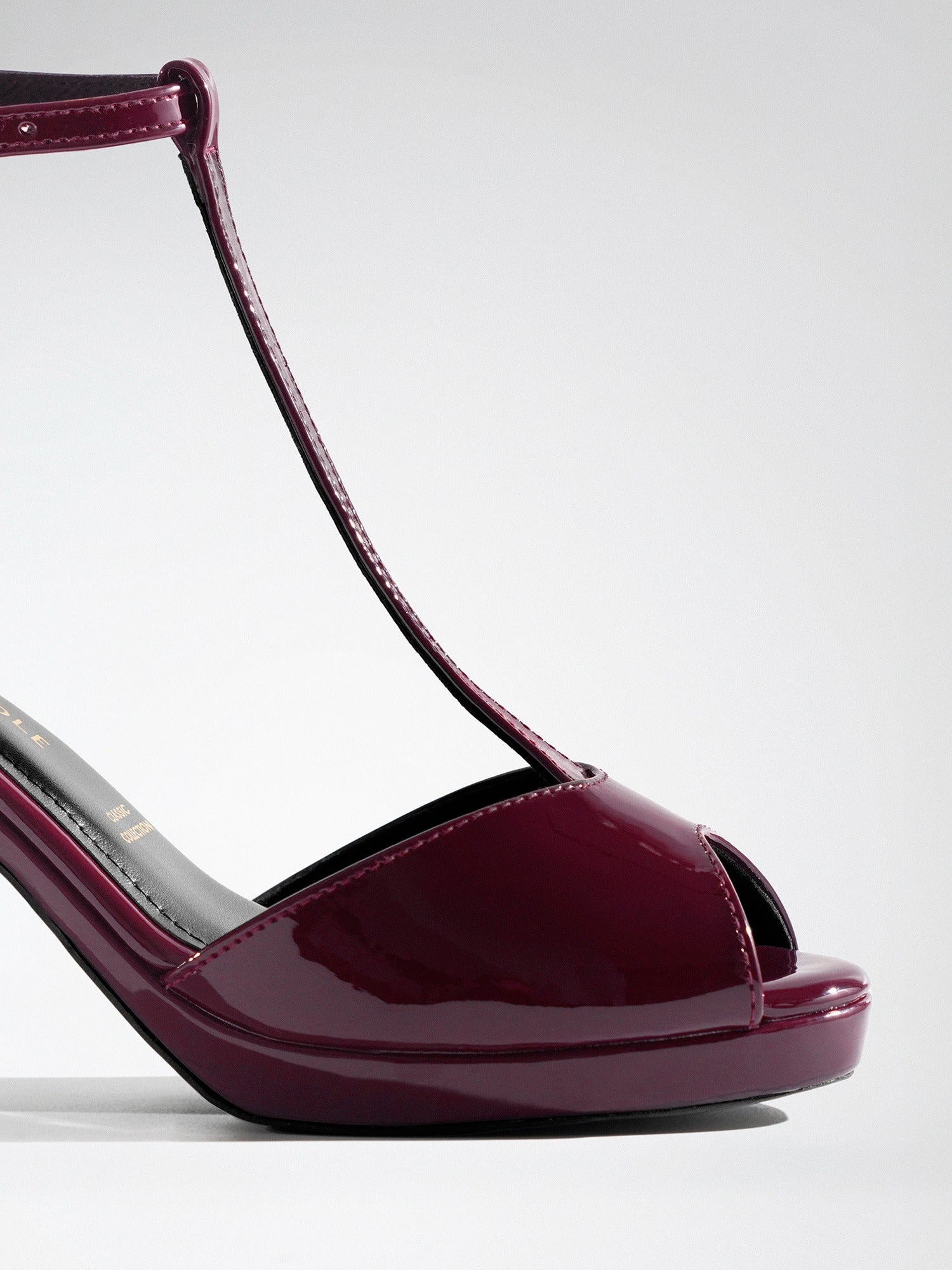 Plum Patent T-strap wedge Heel