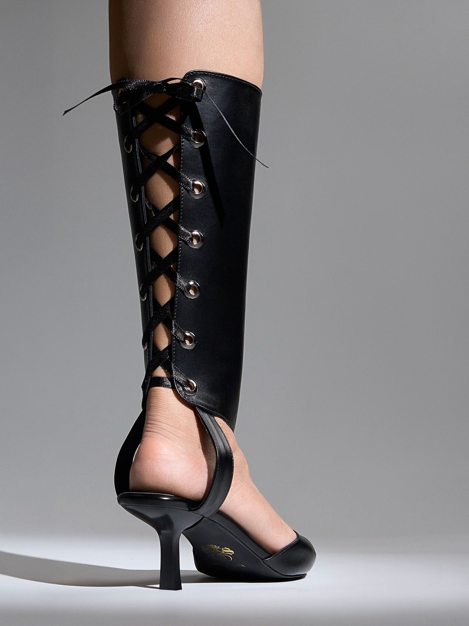 Black Lace-Up Knee Panel Kitten Heel