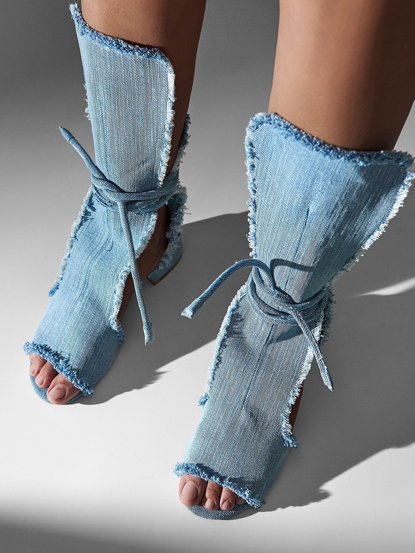 Denim Frayed Lace-Up Flat Sandal