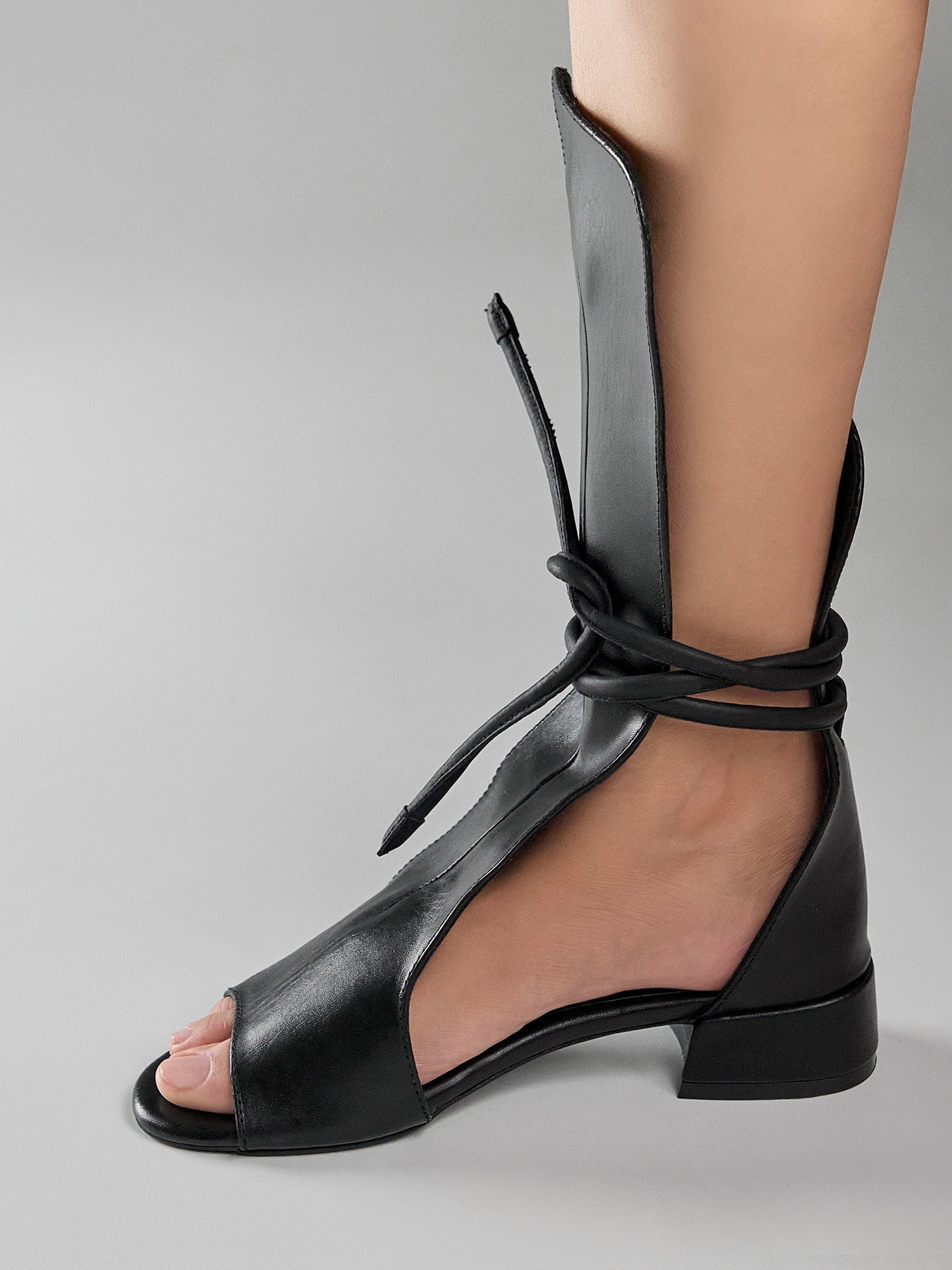 Black Leather Gladiator Block Heel