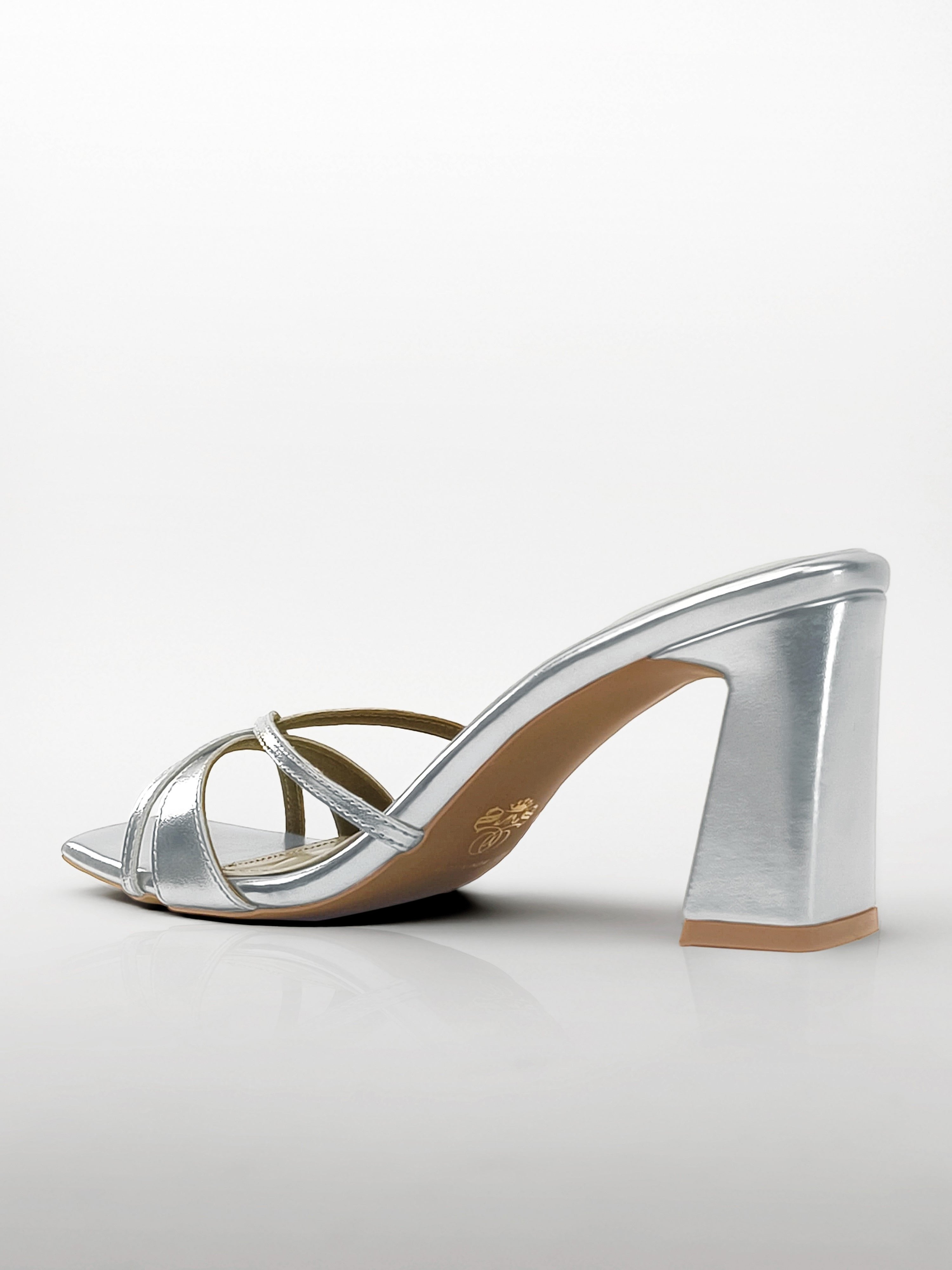 Silver Cross-Strap Block Heel Mule