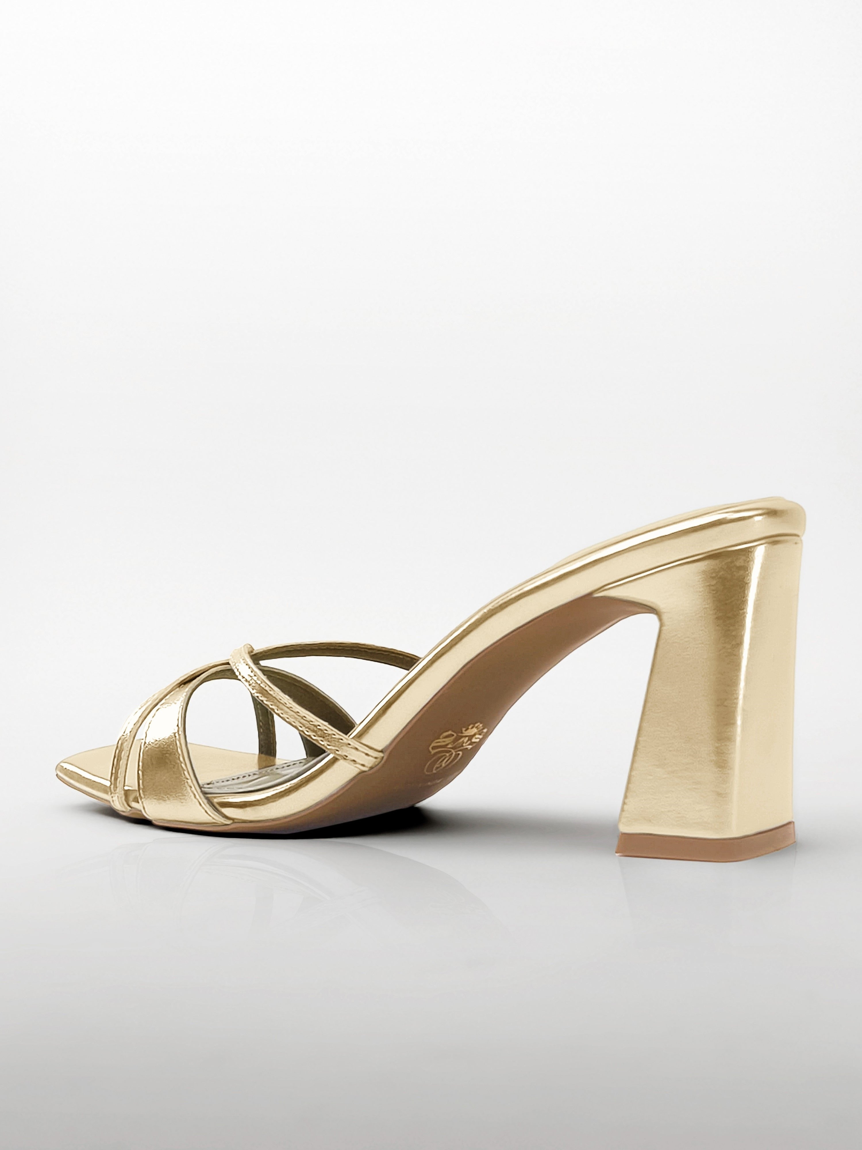 Gold Cross-Strap Block Heel Mule