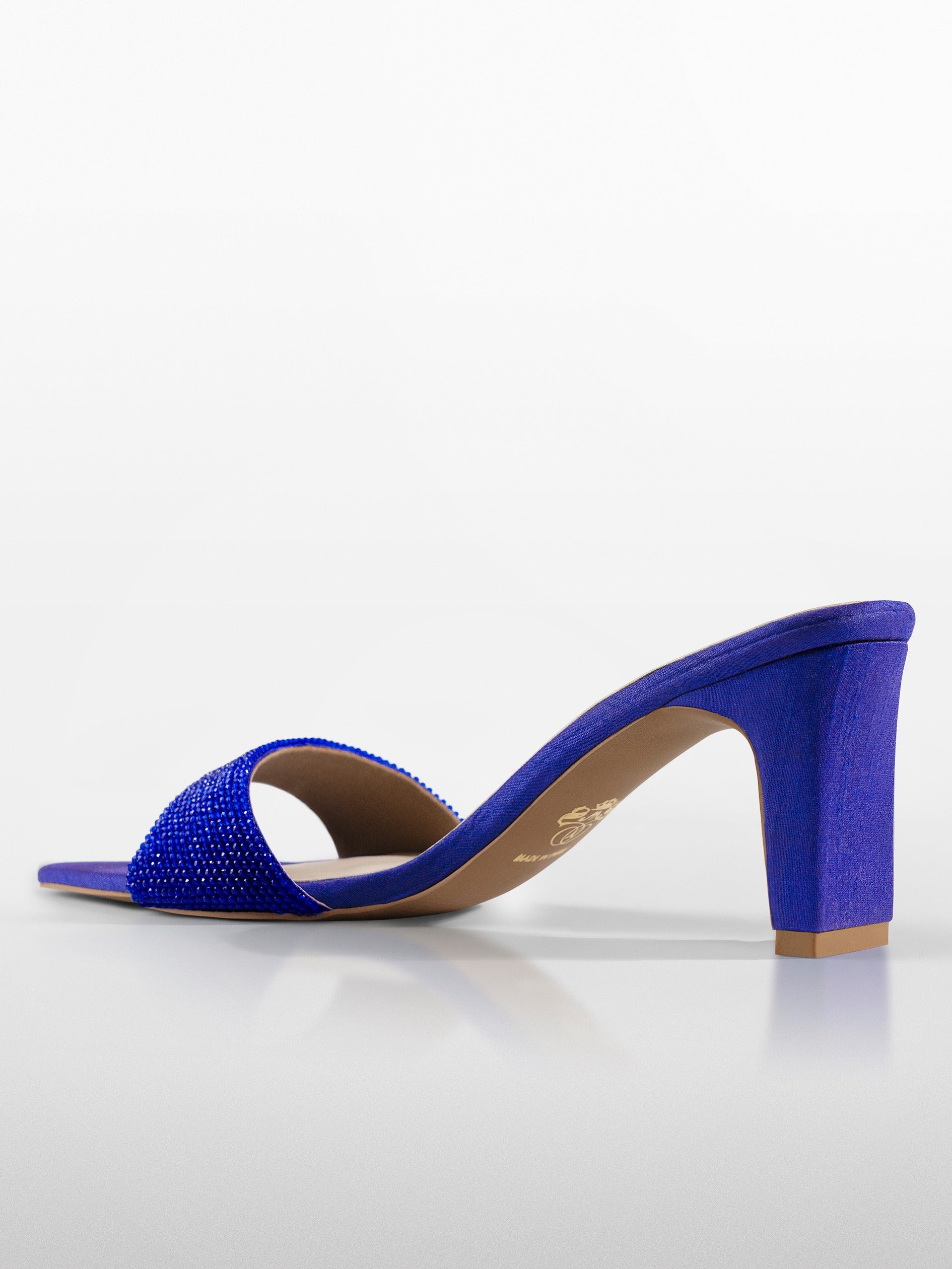 Blue Crystal Embellished Block Heel Mule