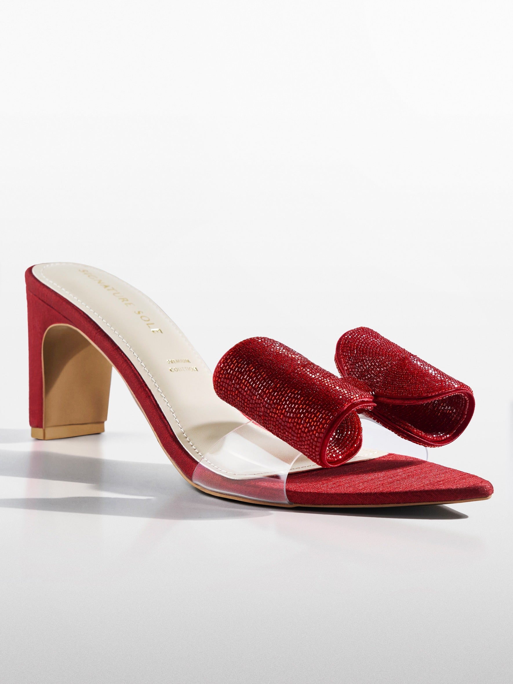 Red Crystal Bow Satin Kitten Heel
