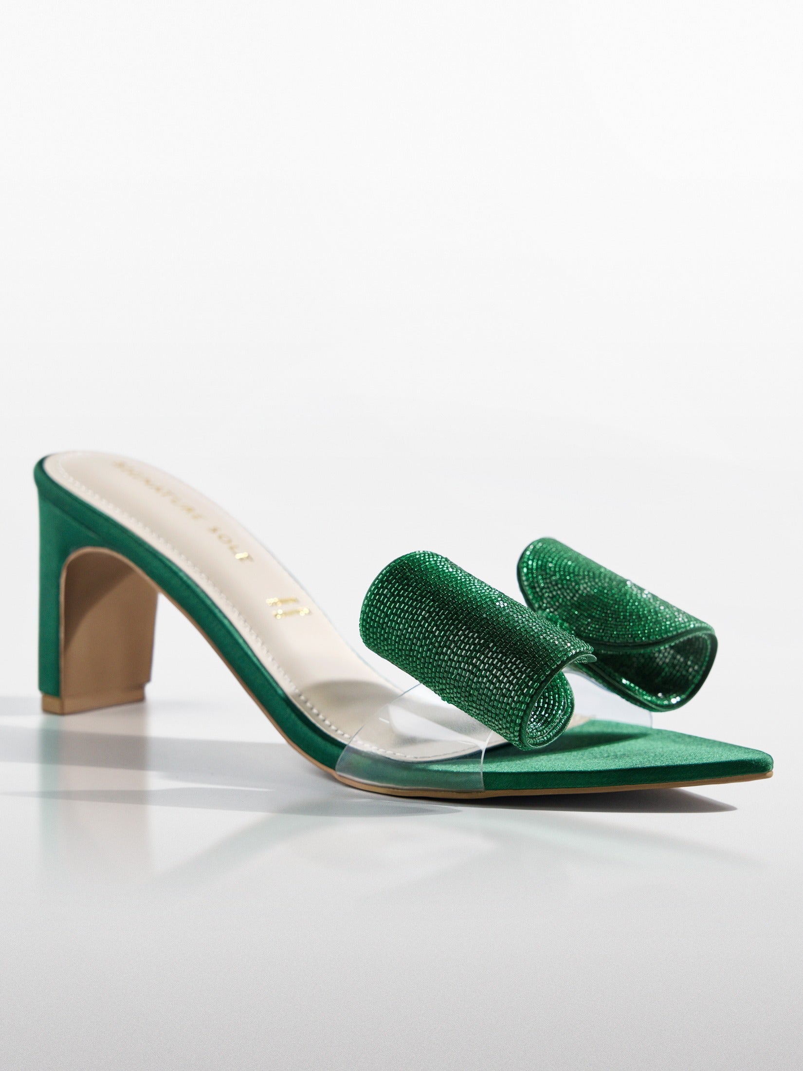 Green Crystal Bow Satin Kitten Heel