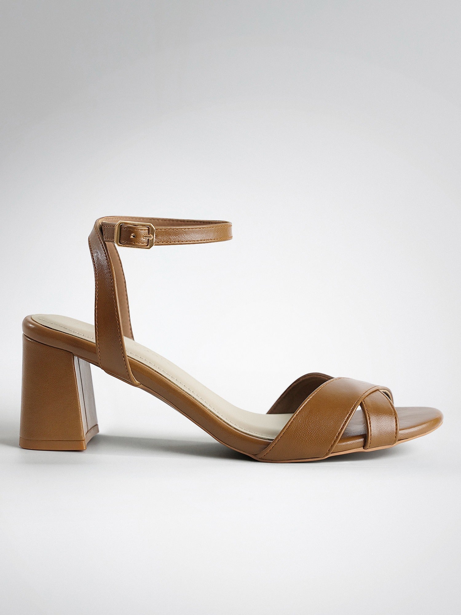 Tan Cross Strap Block Heel Mule