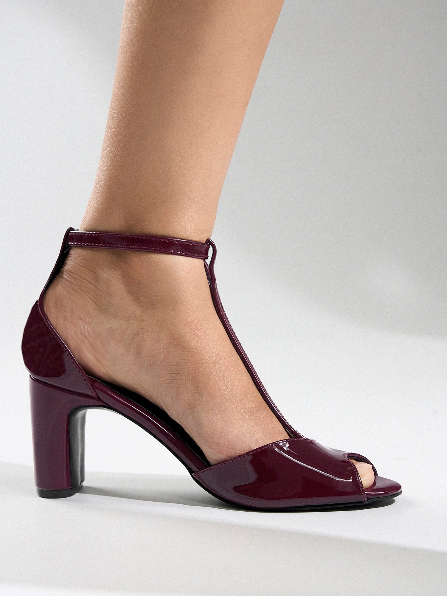 Plum Patent T-strap Block Heel Sandal