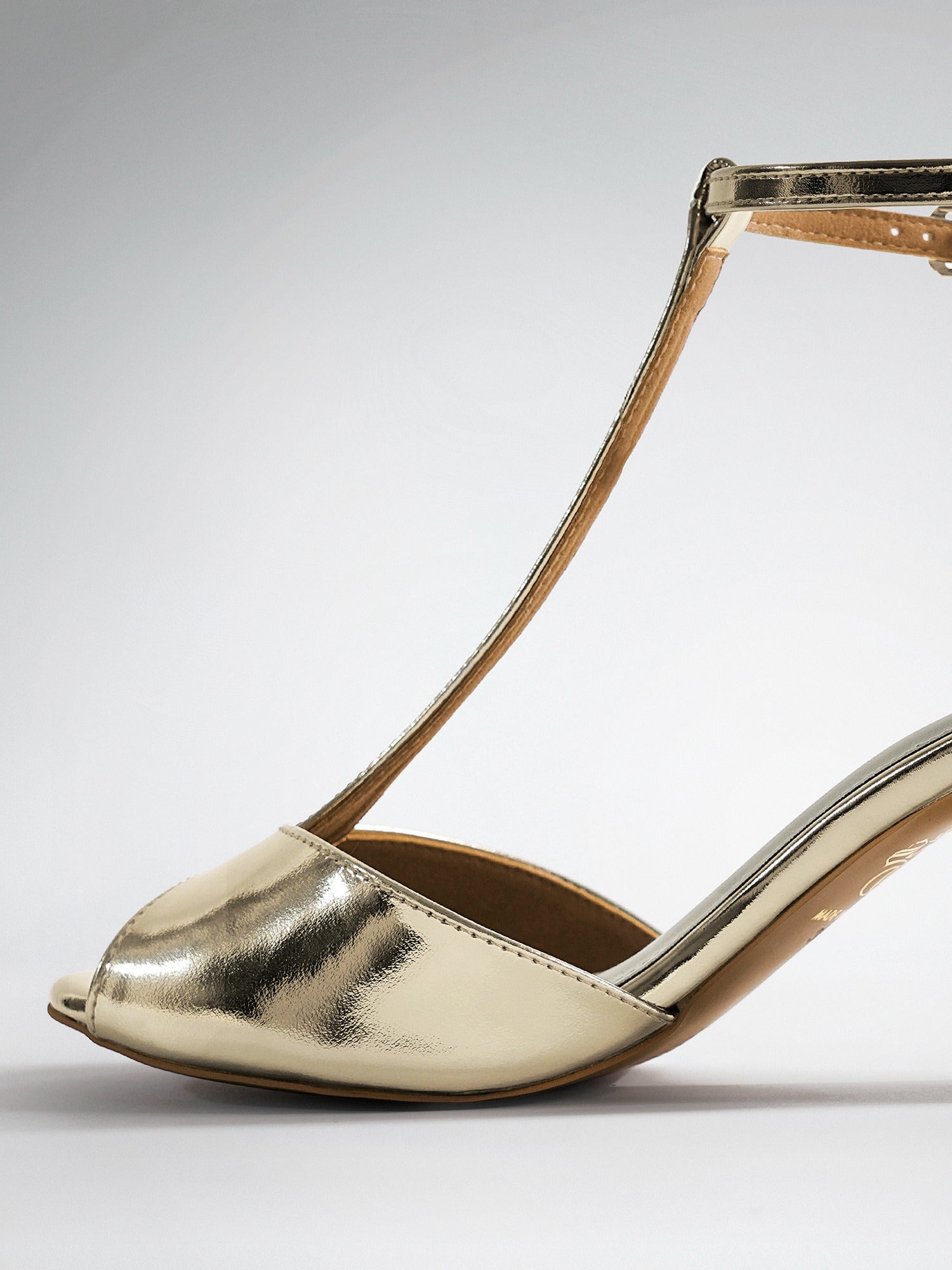 Gold T-strap Block Heel Sandal