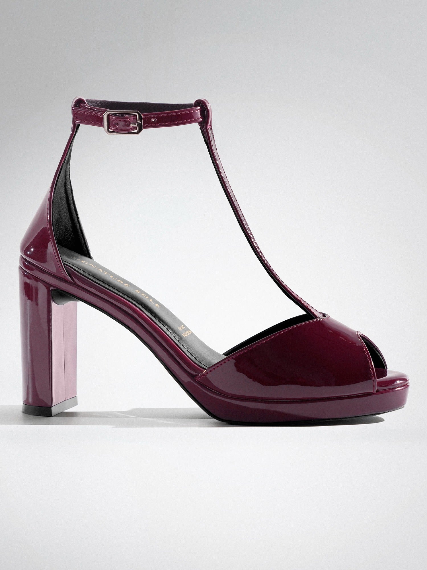 Plum Patent T-strap wedge Heel