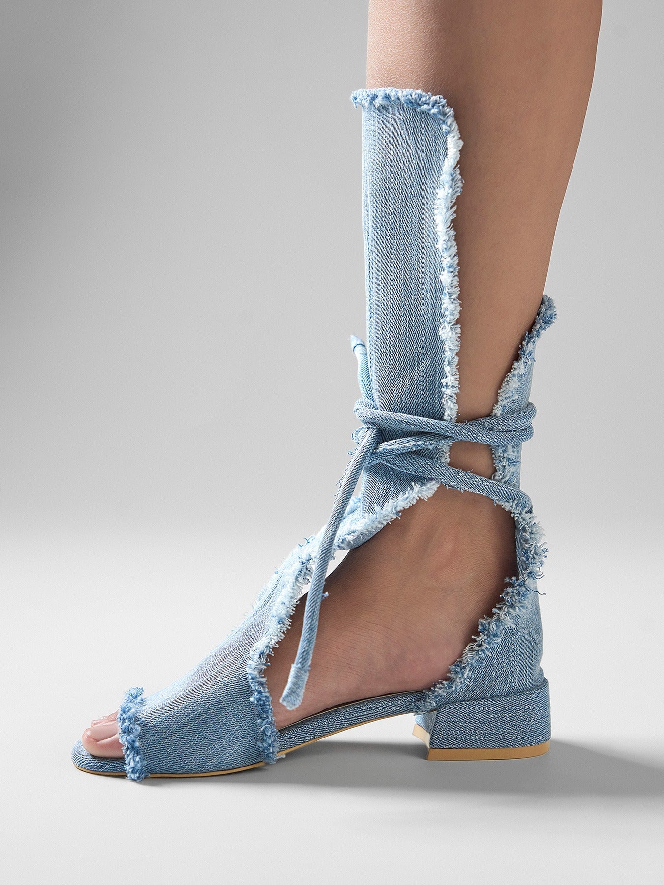 Denim Frayed Lace-Up Flat Sandal