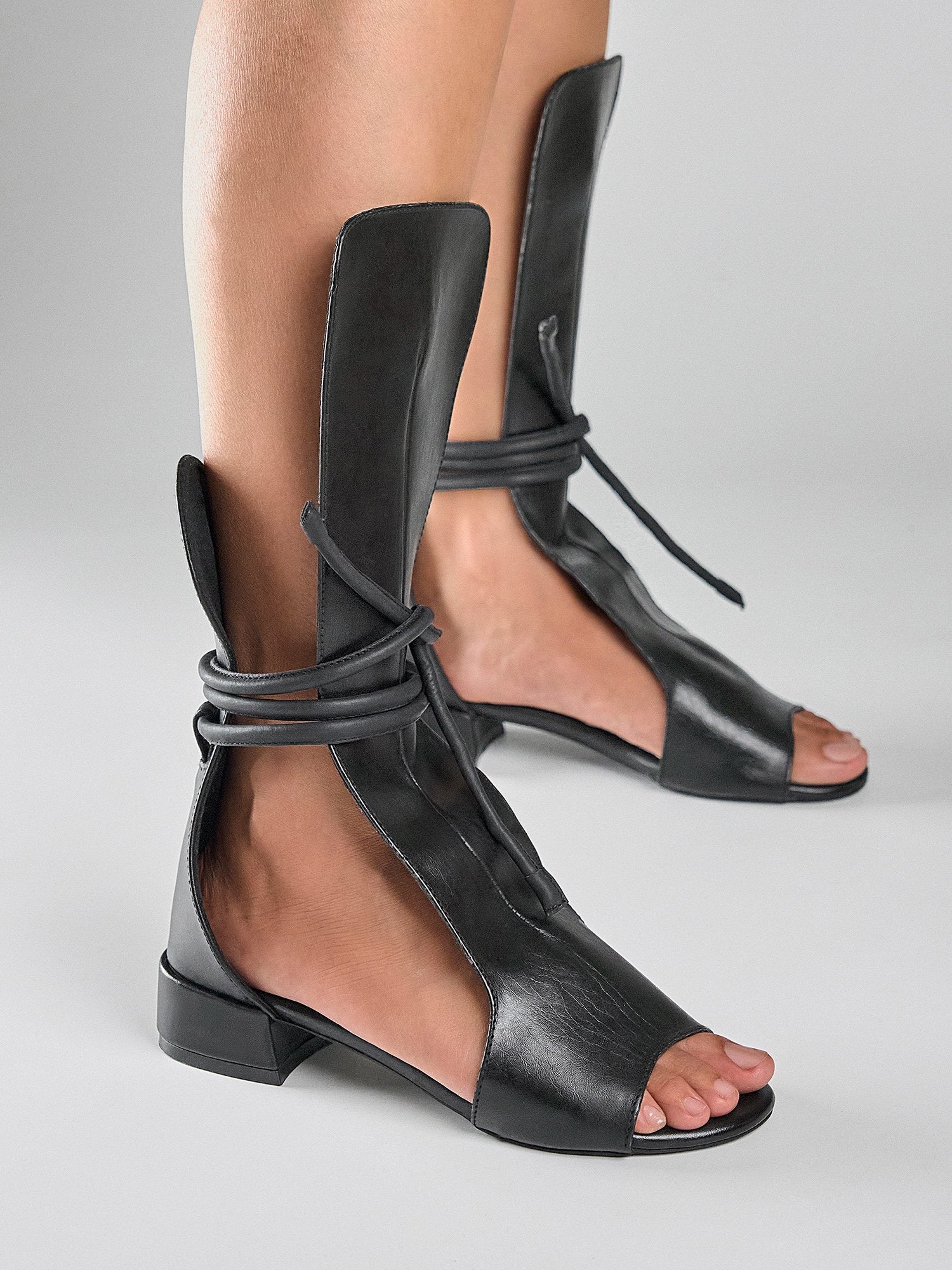Black Leather Gladiator Block Heel